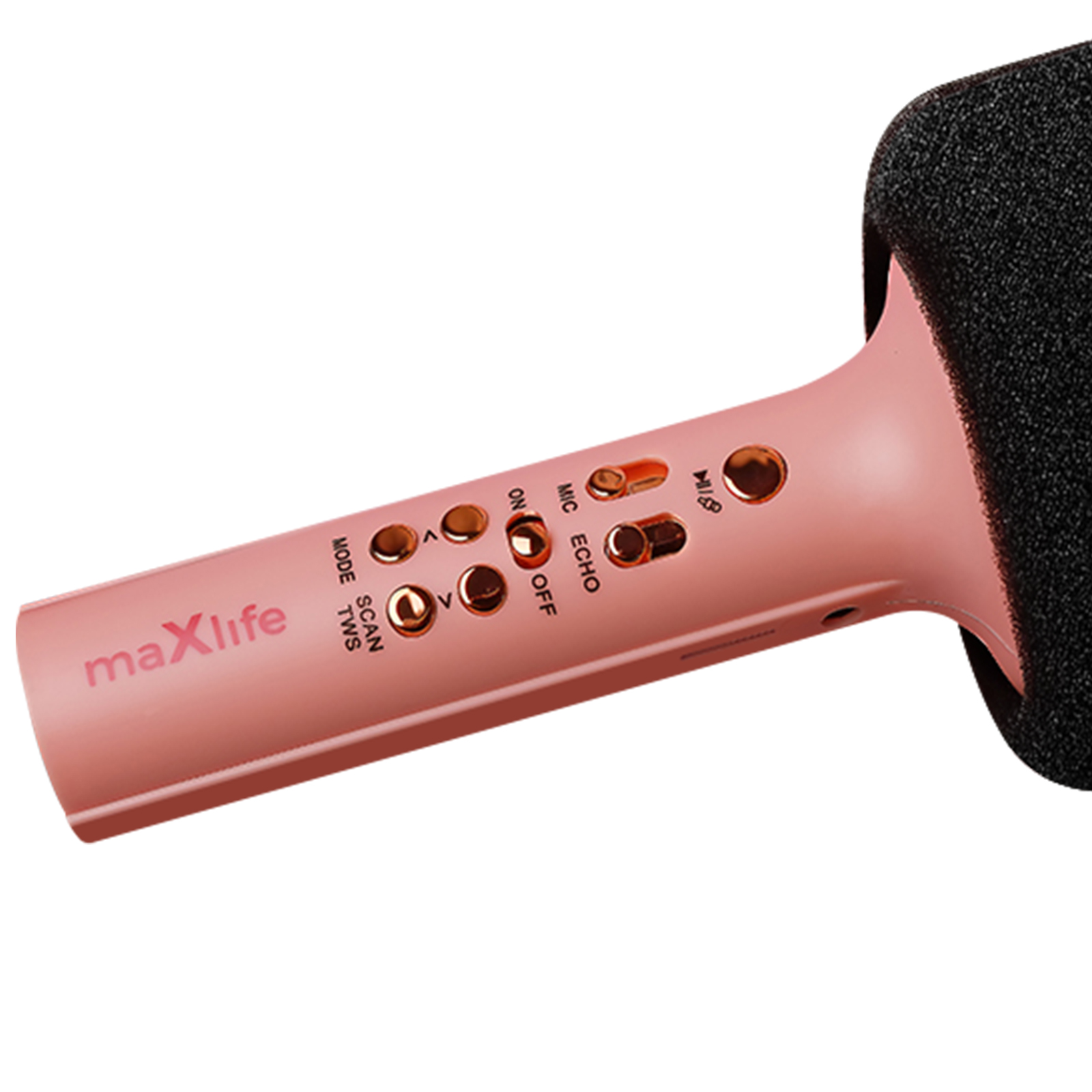 Un microfono color rosa con pulsanti e una copertura in schiuma nera, isolato su bianco.