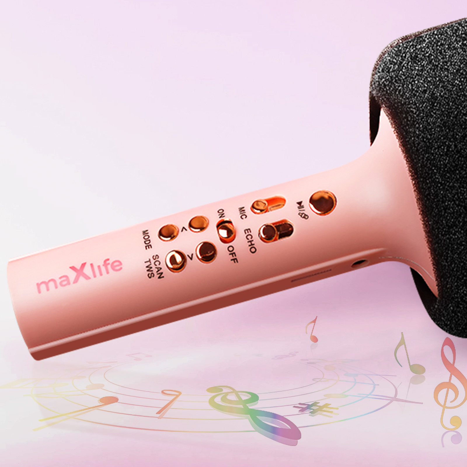 Un microfono rosa con pulsanti. Lo sfondo ha note musicali.
