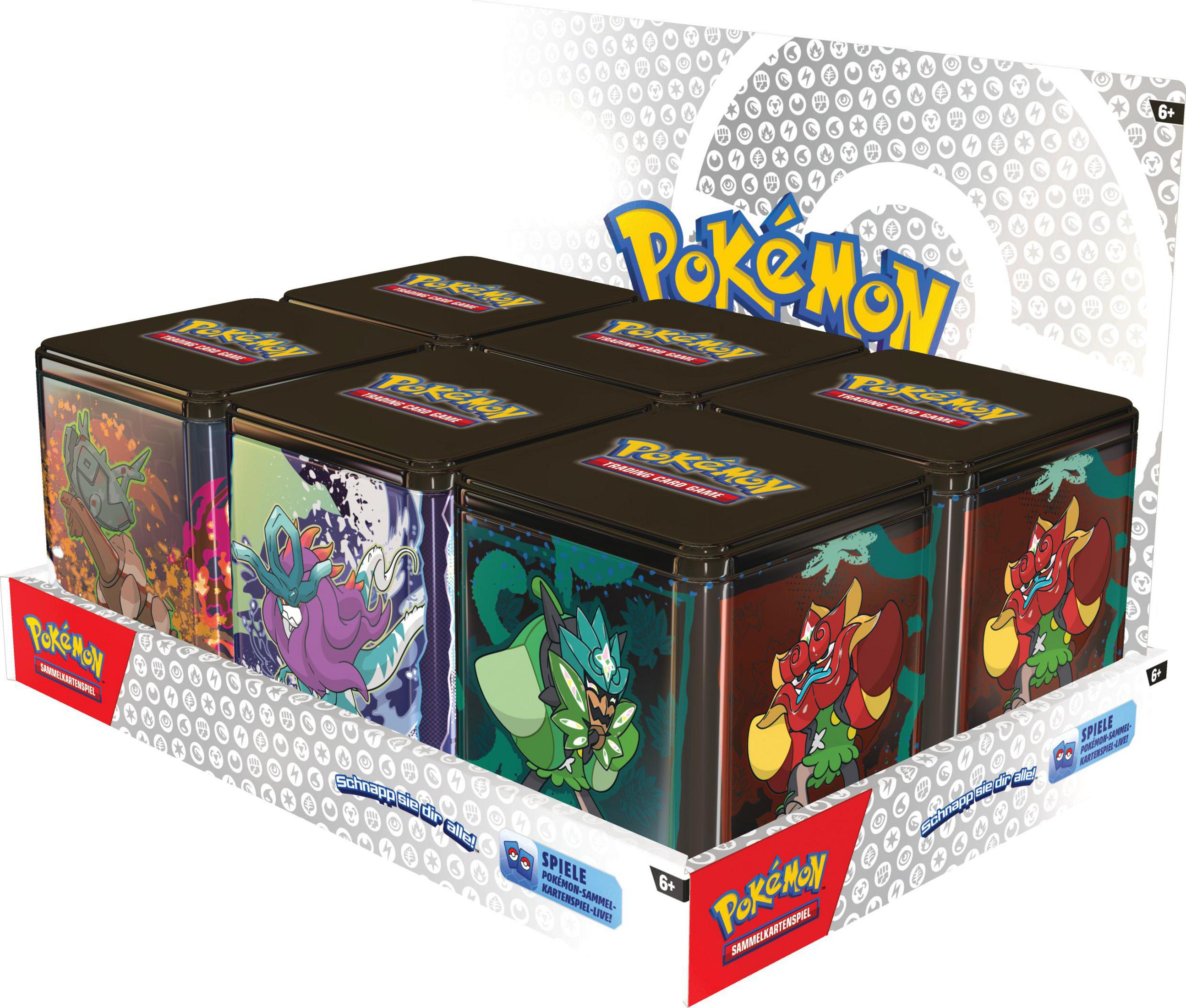 Sechs Pokémon-Sammelkartenspiel-Boxen auf einem Präsentationsständer.