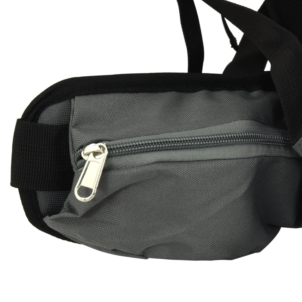 Graue Bauchtasche mit silbernem Reißverschluss und schwarzen Riemen.