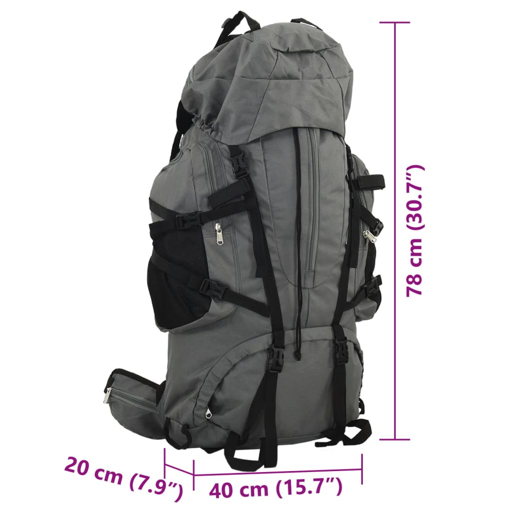 Grauer Rucksack mit schwarzen Riemen. Abmessungen sind gezeigt: 78 cm (30,7") Höhe.