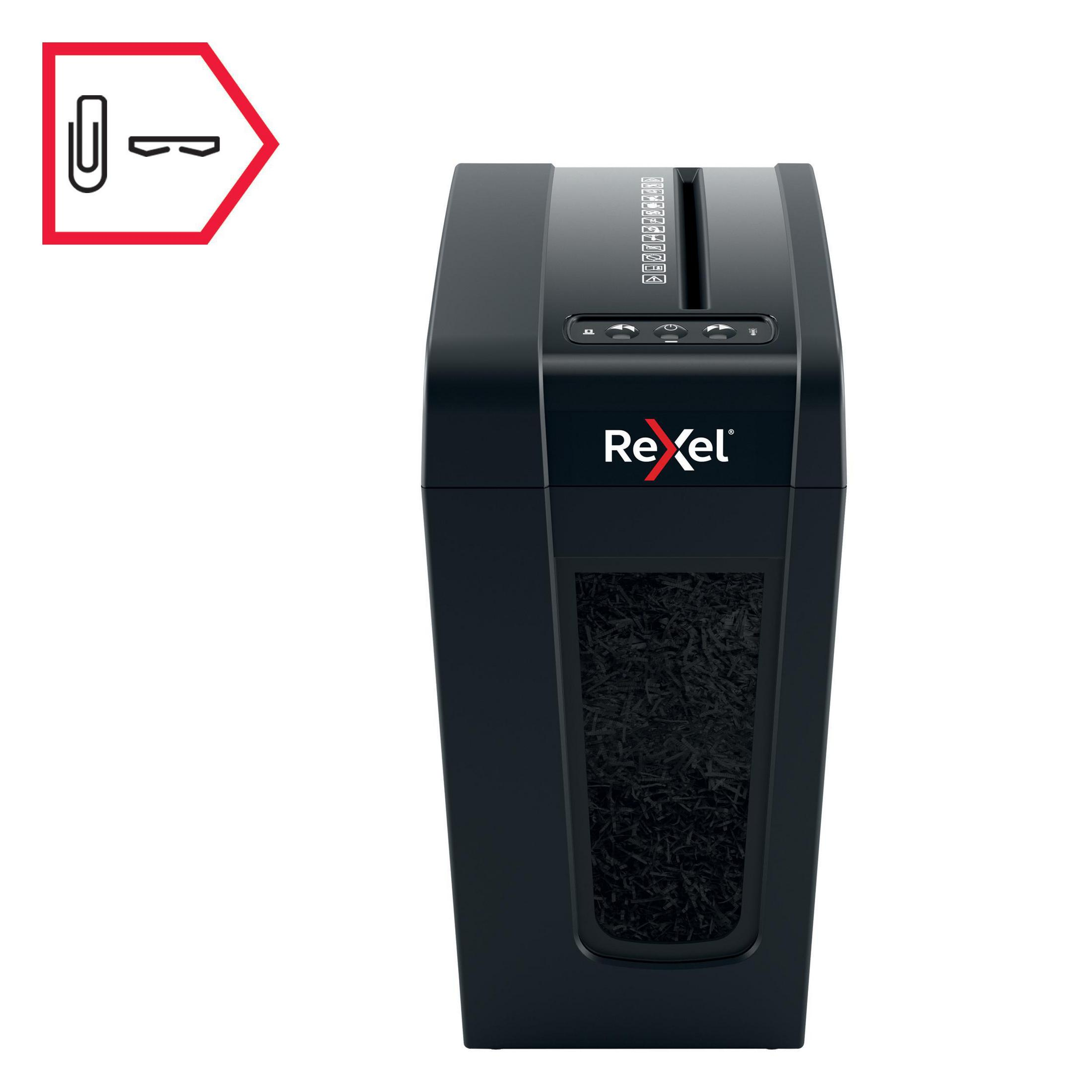 Czarna niszczarka papieru z obrazem spinacza. Czerwone logo marki. Czarne pocięte papier.