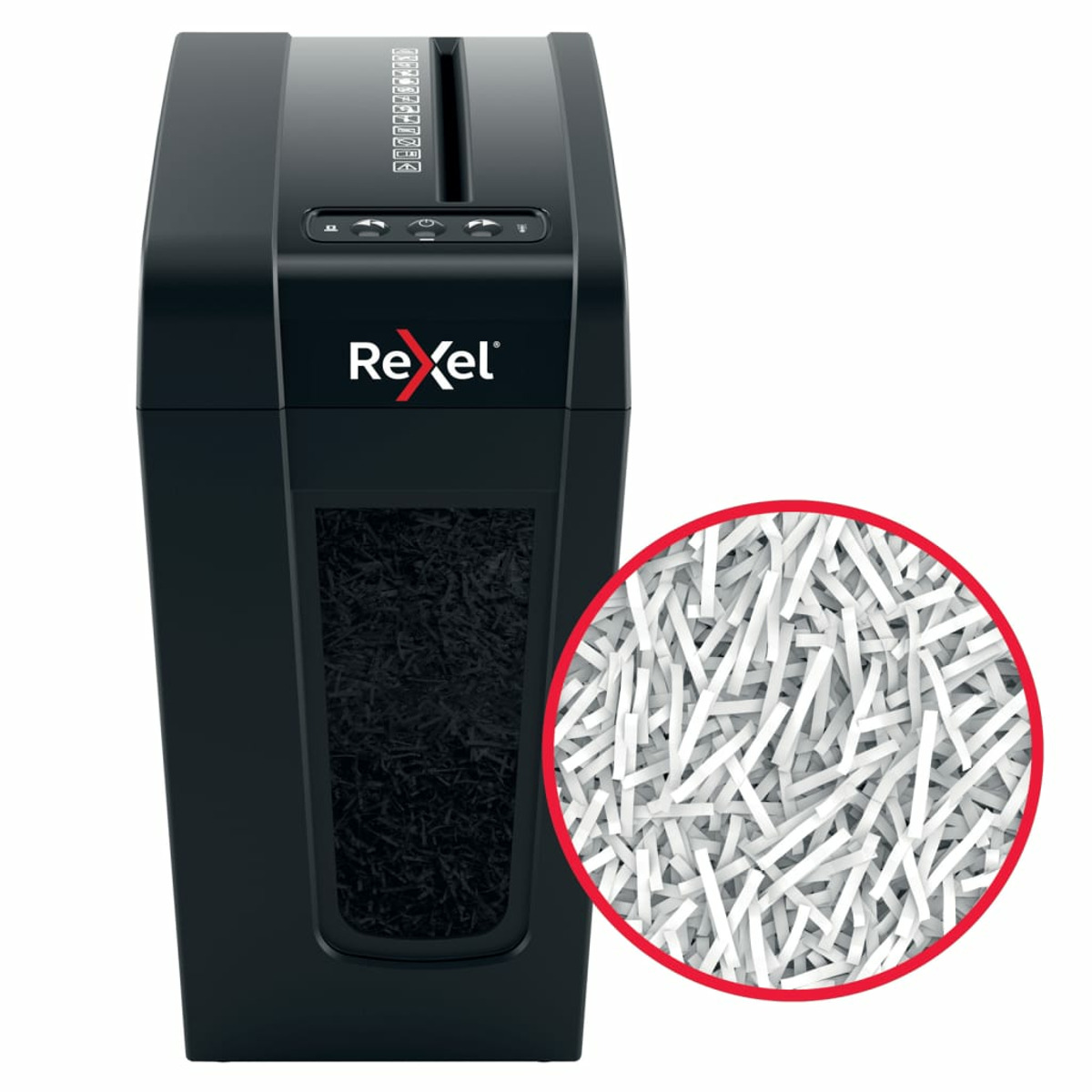 Czarna niszczarka do papieru z okręgiem pociętego papieru na pierwszym planie. Widoczne logo Rexel.