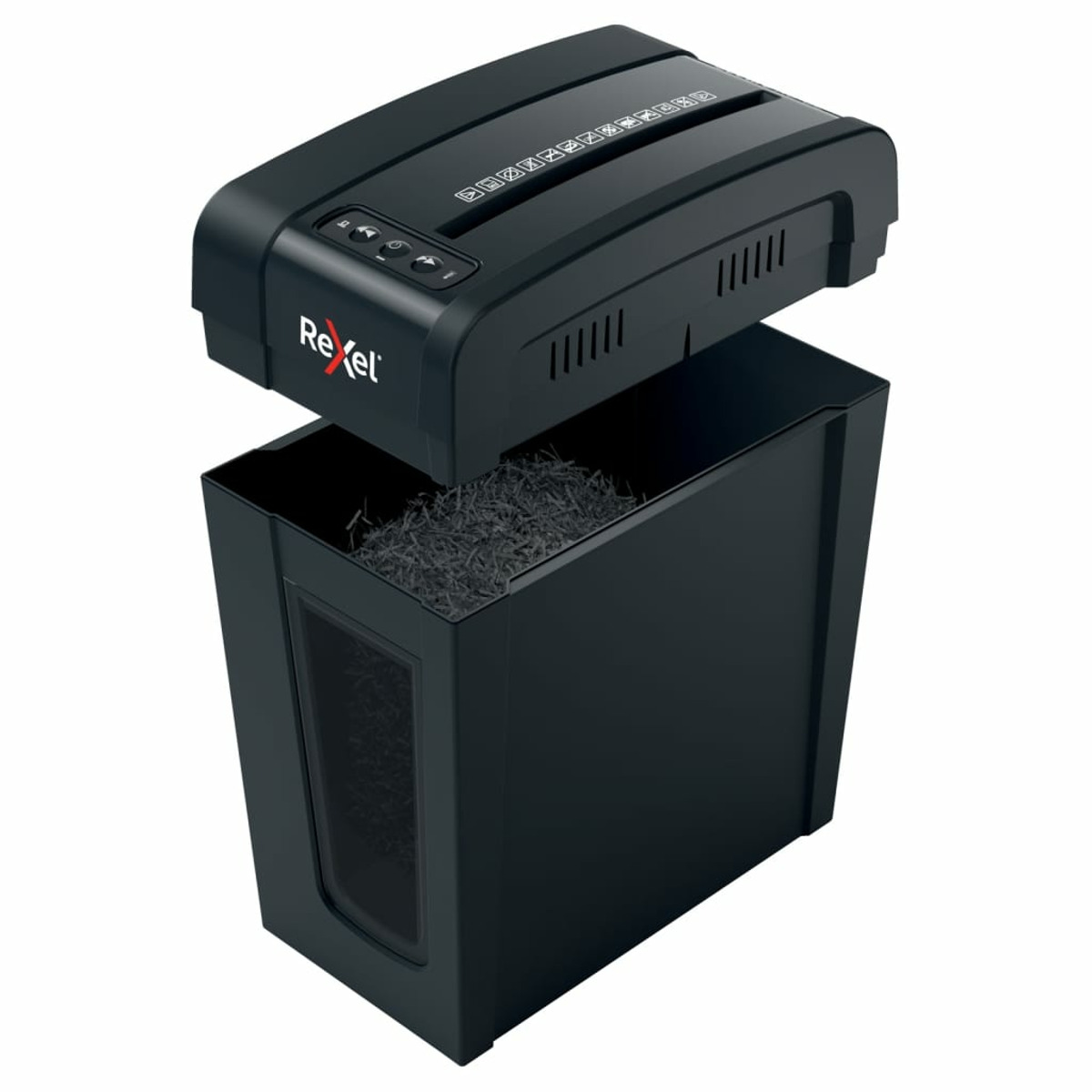 Czarna niszczarka do papieru Rexel z otwartym pojemnikiem. Pocięty papier jest widoczny wewnątrz pojemnika.