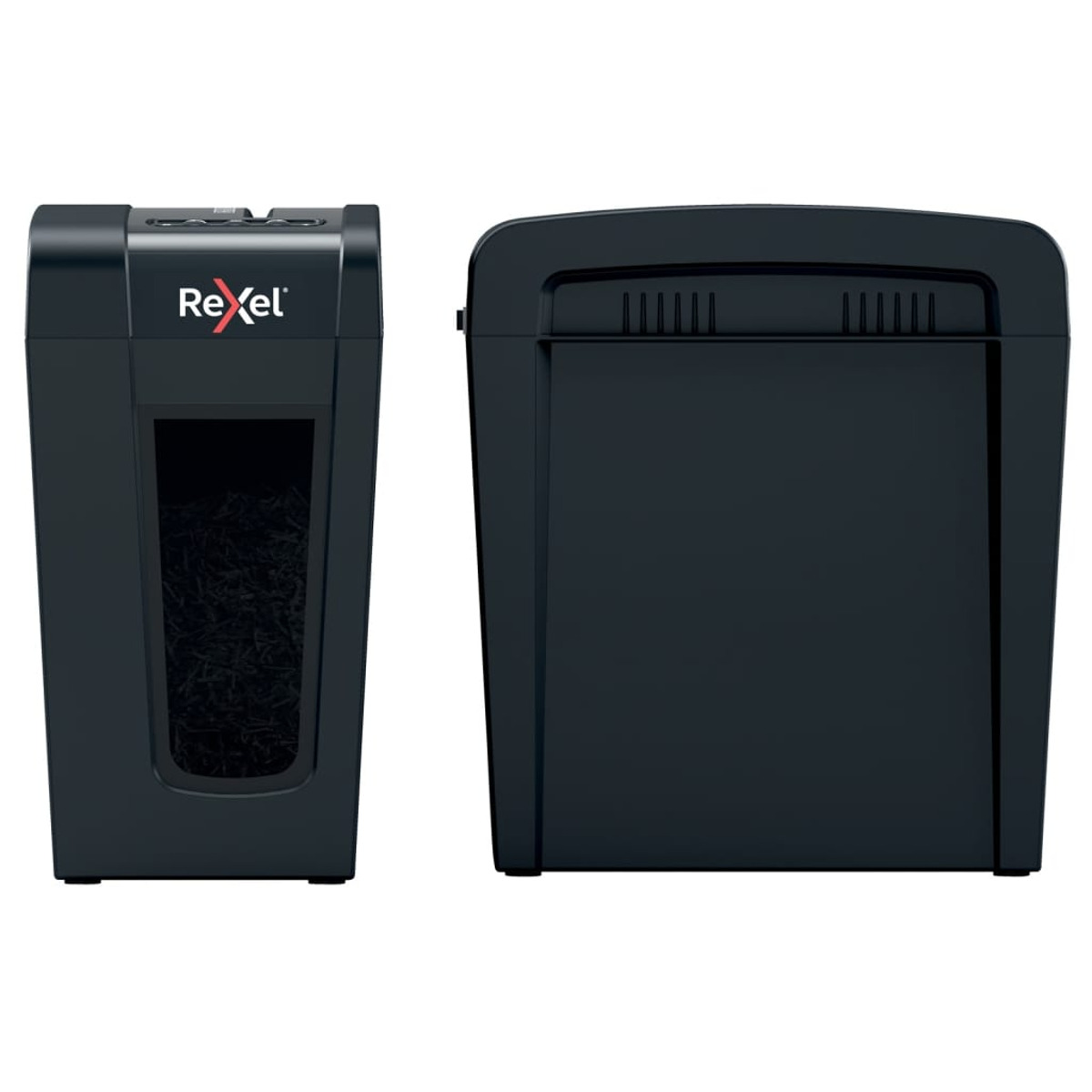 Czarna niszczarka do papieru z widocznym pojemnikiem na papier. Znajduje się obok pasującego czarnego pojemnika. Białe tło.