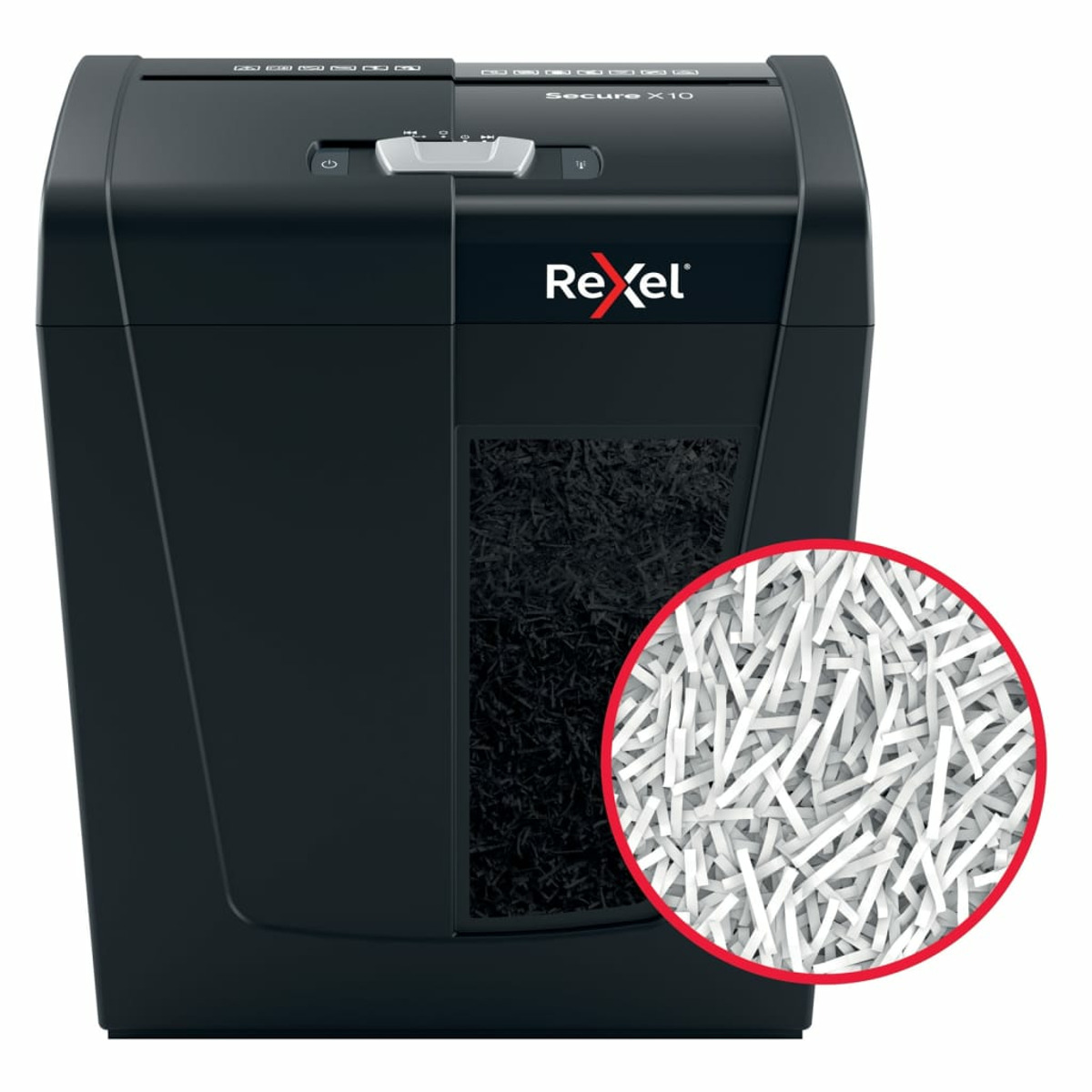 Czarna niszczarka papieru z pociętym papierem w pojemniku i zbliżeniem.