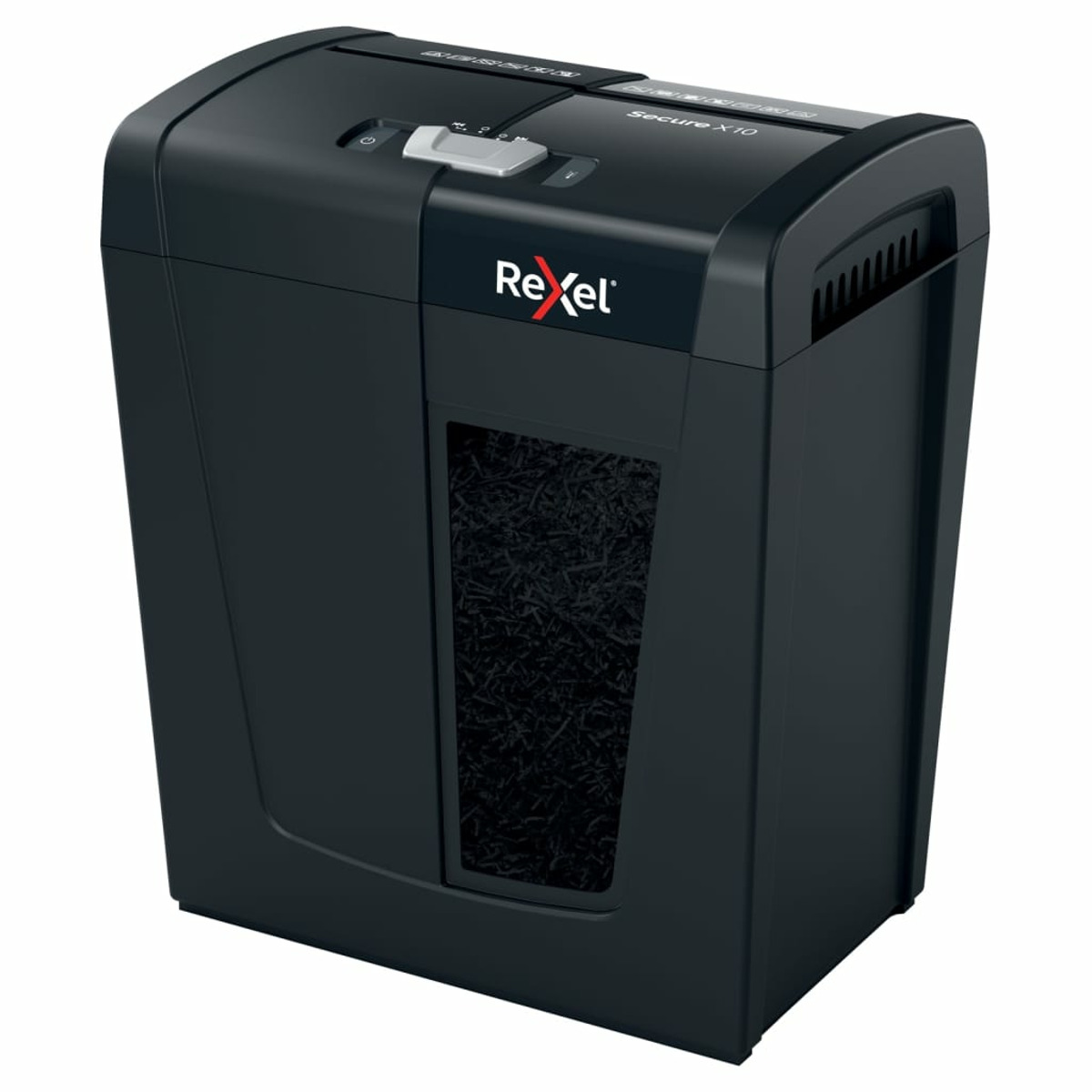 Czarna niszczarka do papieru. Posiada pojemnik na papier, z przodu znajduje się marka Rexel.