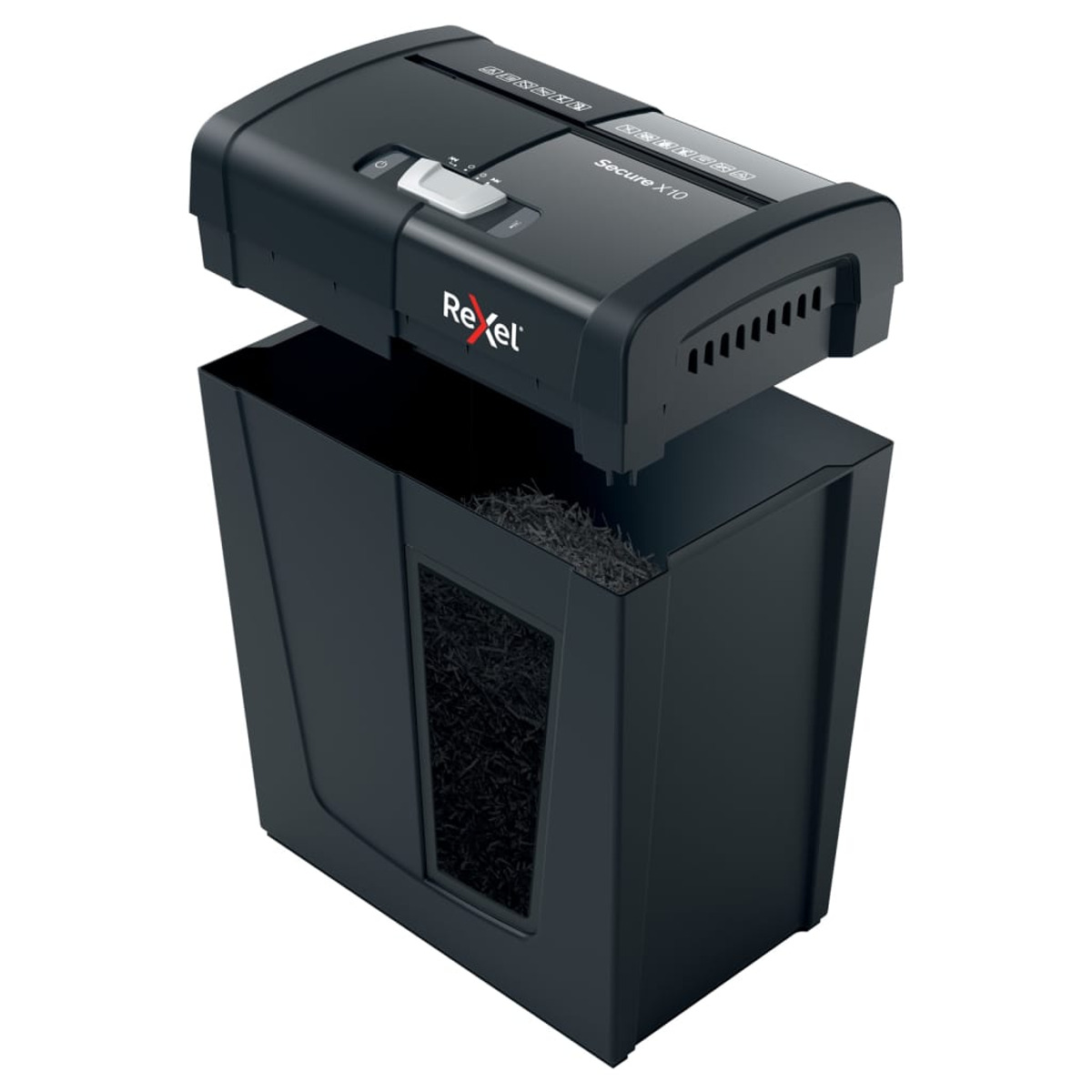 Czarna niszczarka z otwartą górą, pokazująca pocięty papier w pojemniku.