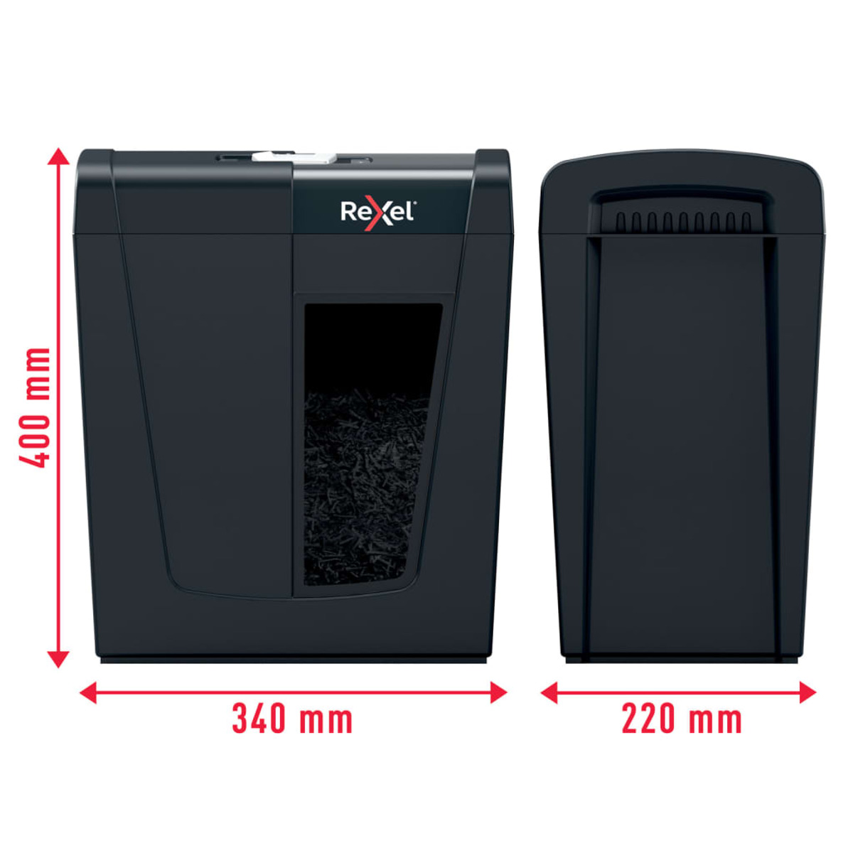 Czarna niszczarka Rexel z wymiarami. Widok z przodu i widok z góry.