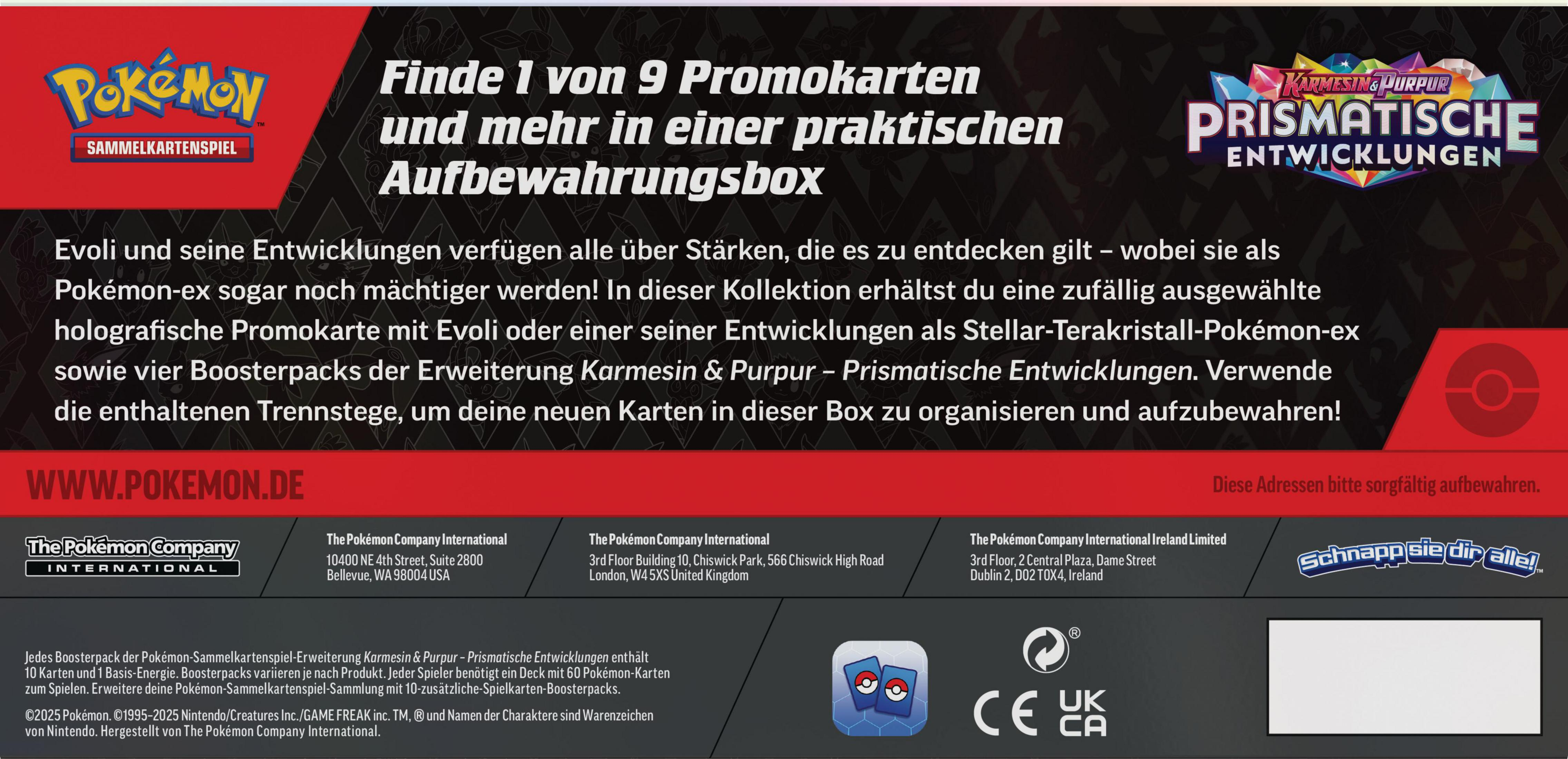 Rückseite einer Pokémon-Kartenbox auf Deutsch. Text und Bilder auf der Box, mit weißem Hintergrund.
