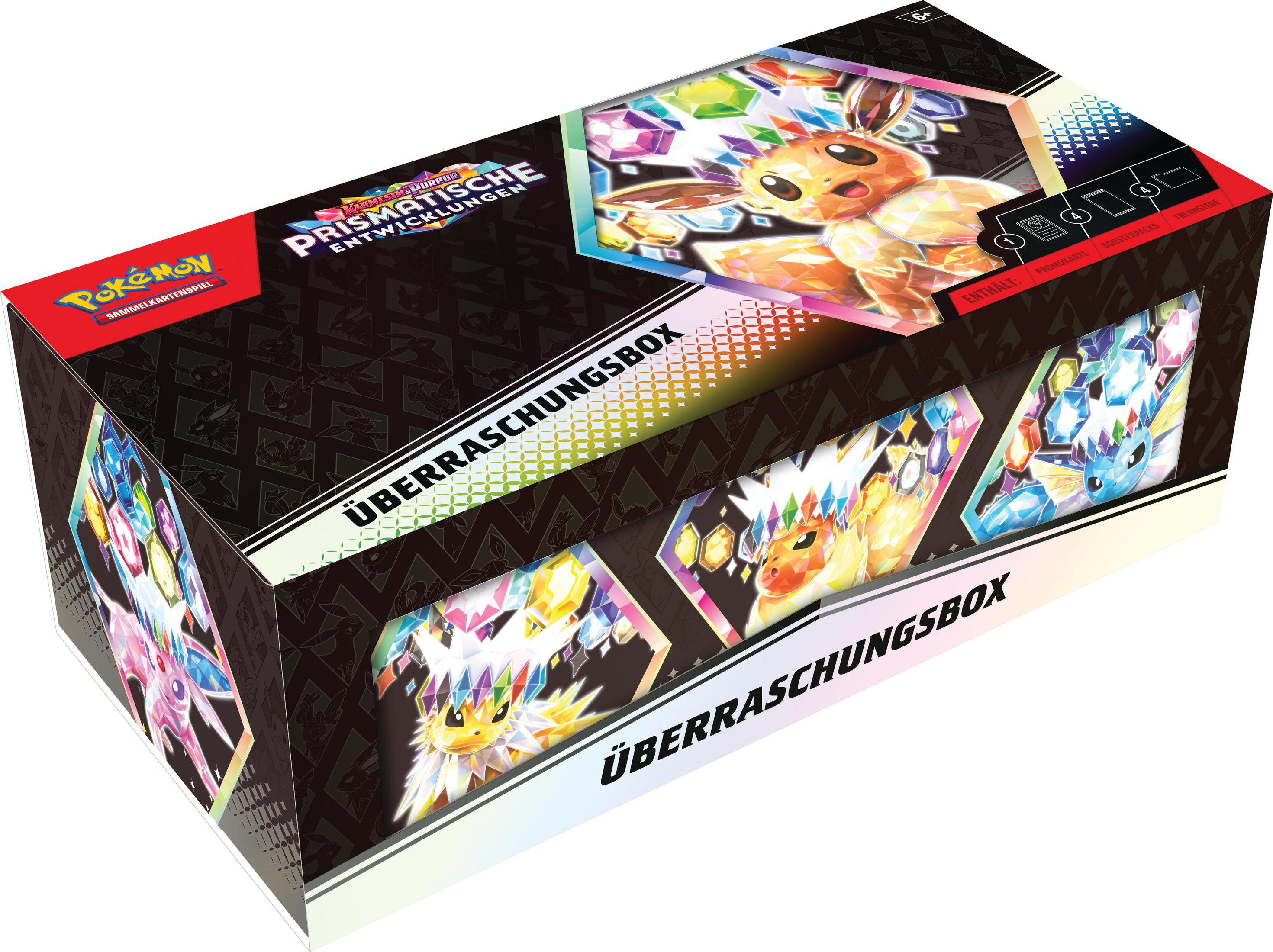 Pokémon-Überraschungsbox. Box mit Evoli, mit mehreren anderen Pokémon-Bildern. Weißer Hintergrund.