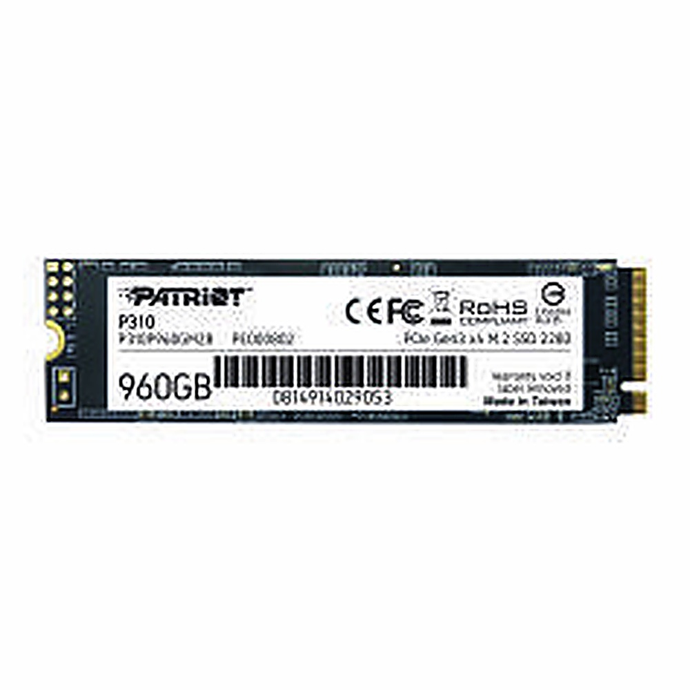 Een Patriot P310 960GB SSD-schijf. Tekst en labeldetails zijn zichtbaar.