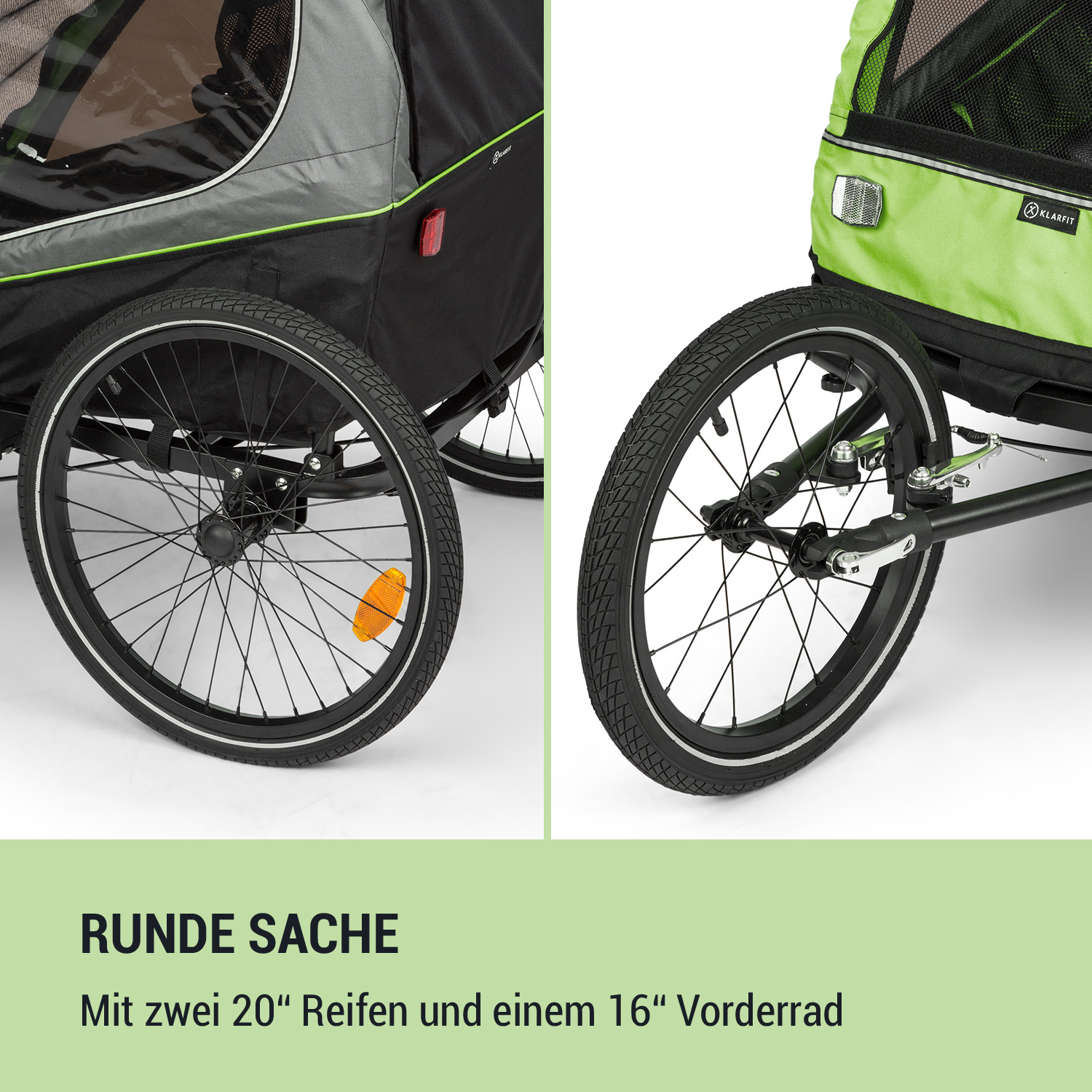 Ein grüner und schwarzer Fahrradanhänger mit Rädern, mit dem Text 'RUNDE SACHE' und Infos zu Rädern.