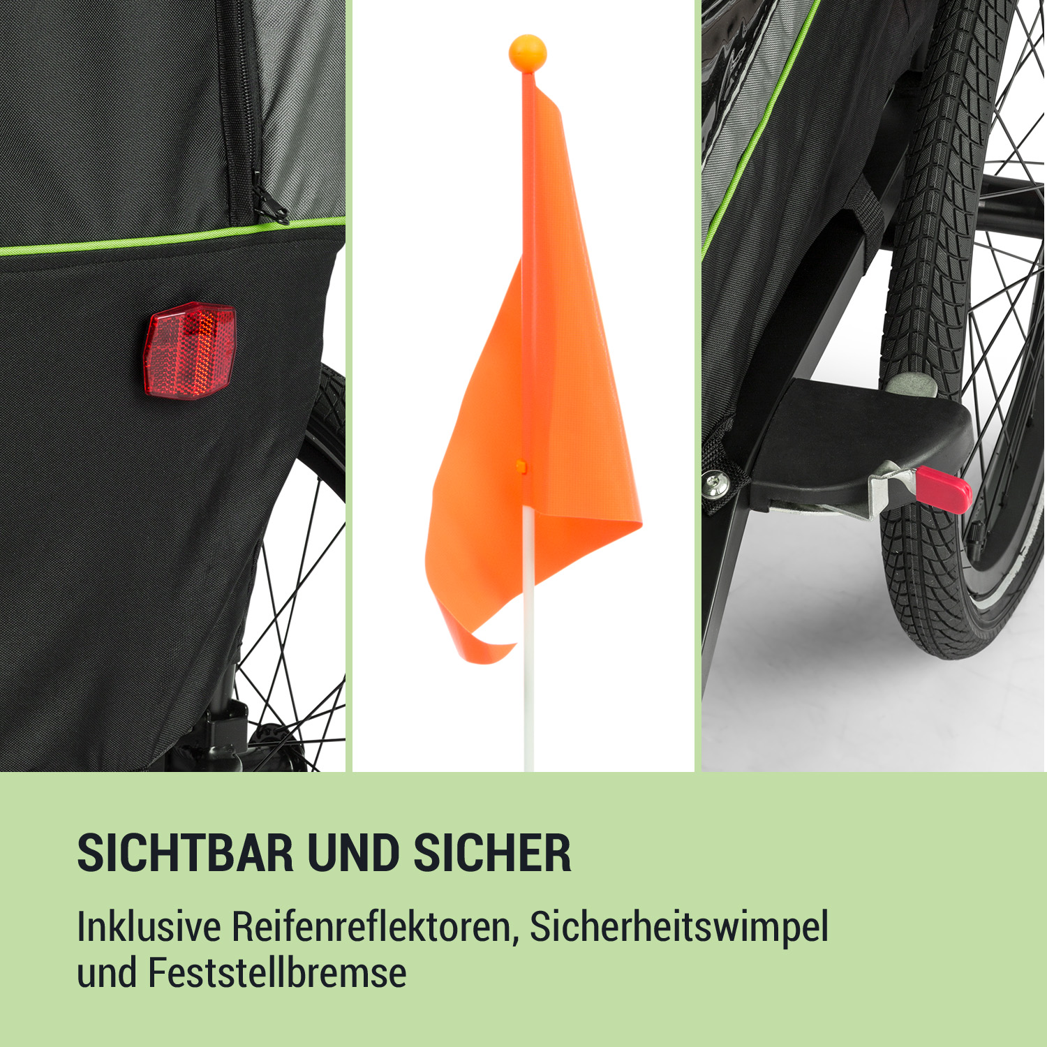 Ein Fahrradanhänger mit Rädern, Reflektoren und Sicherheitsfahne, mit dem Text 'SICHTBAR UND SICHER'.
