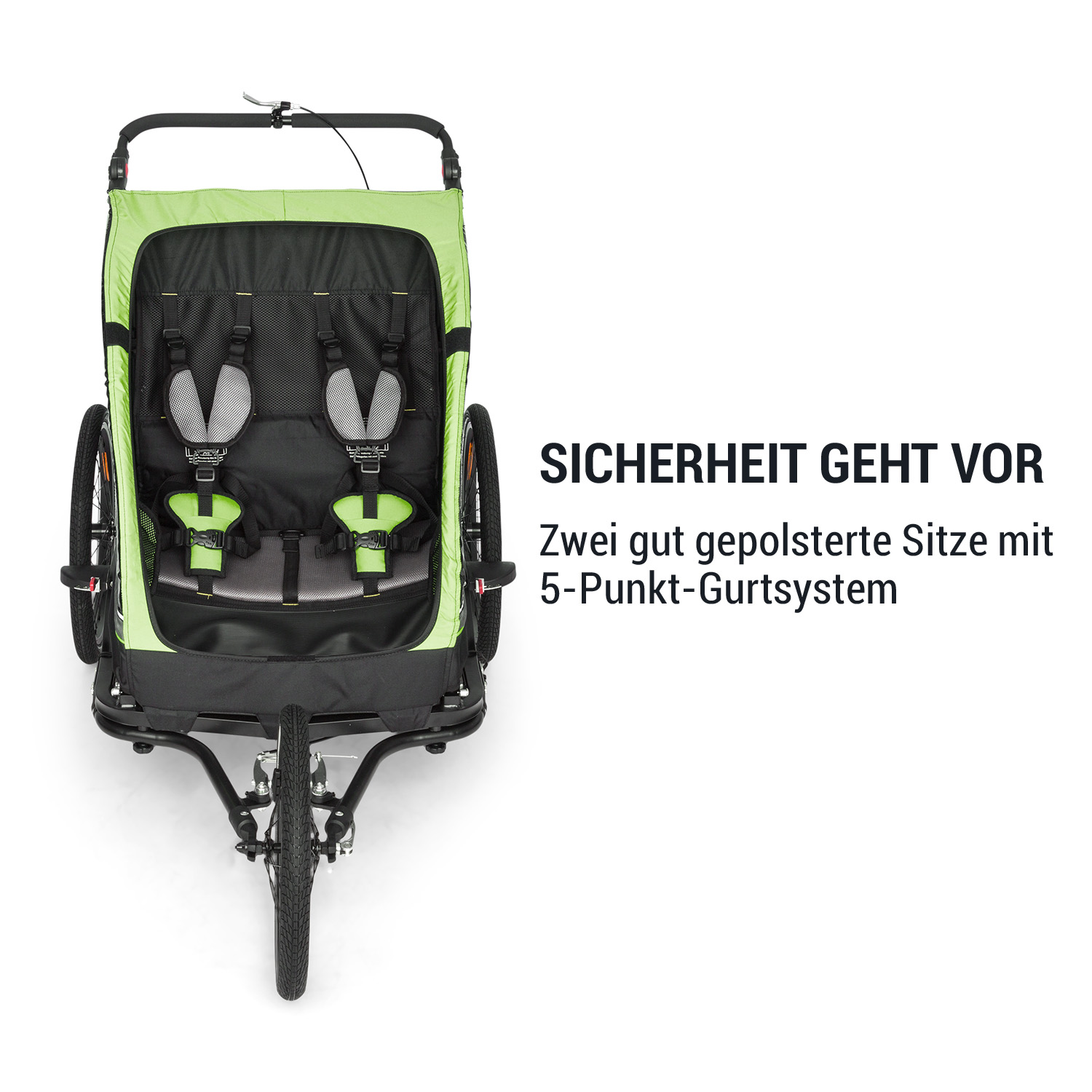Grüner und schwarzer Kinderanhänger mit zwei Sitzen und Sicherheitsgurten. Text: SICHERHEIT GEHT VOR.