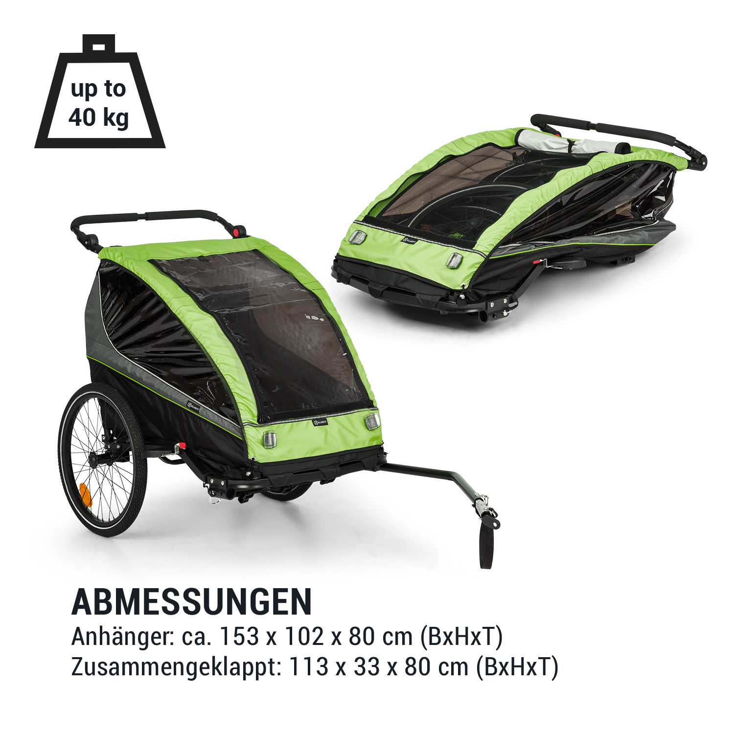 Grüner und schwarzer Kinderanhänger, einer zusammengeklappt, mit Gewichtsangabe.