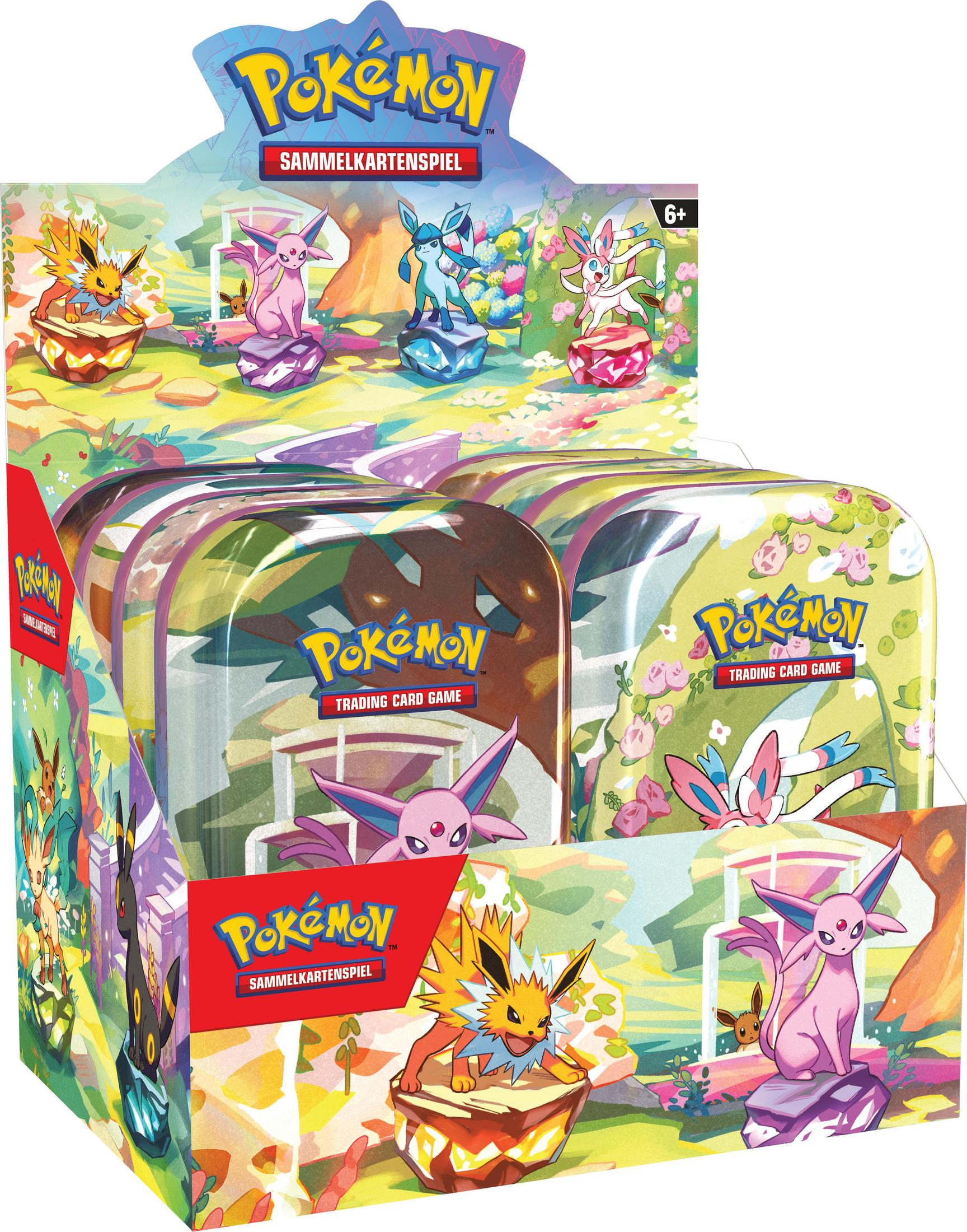 Pokemon Sammelkartenspiel-Displaybox mit mehreren Charakter-Tins auf weißem Grund.