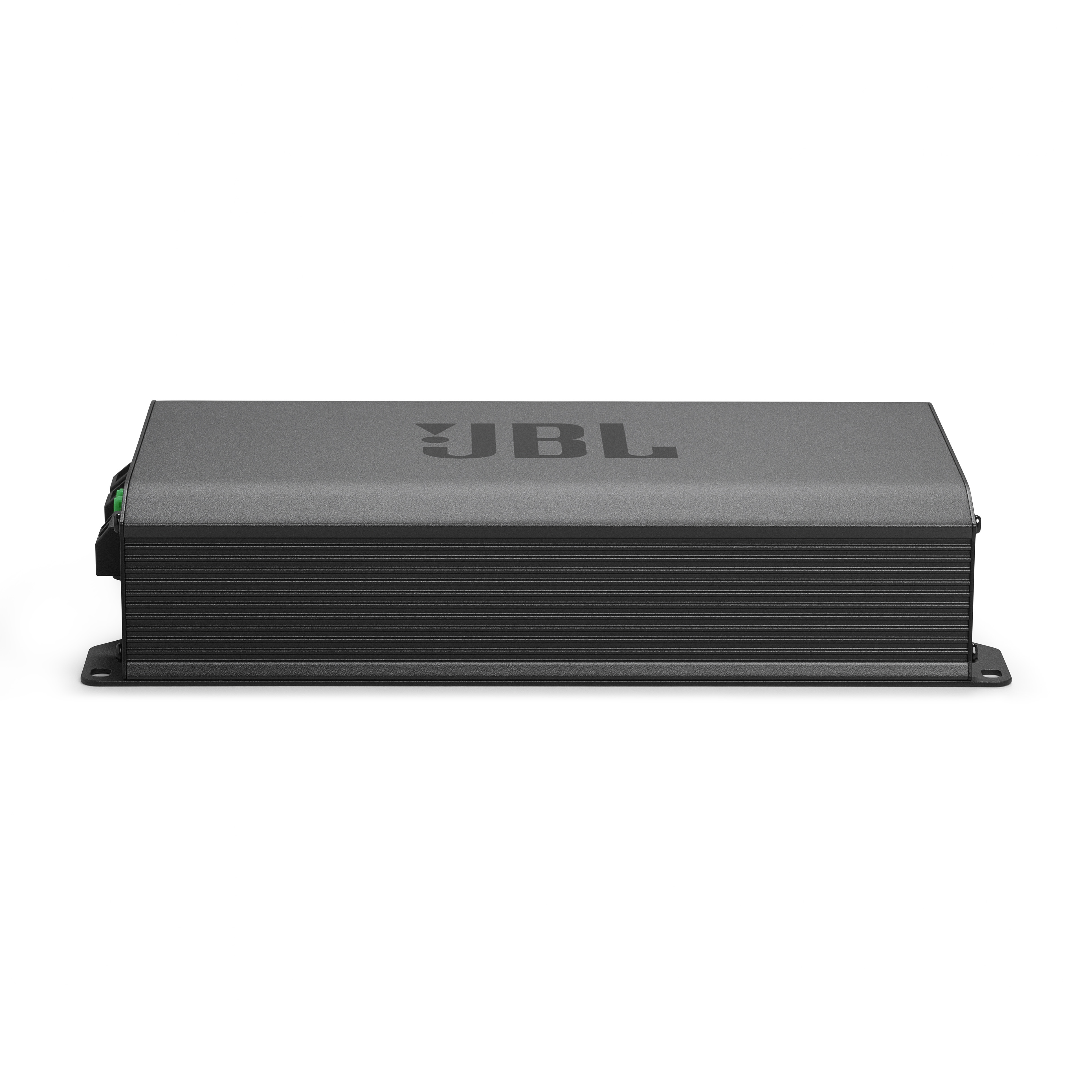 Ein grauer JBL Auto-Audio-Verstärker, mit sichtbarem Markennamen, auf einer weißen Oberfläche.
