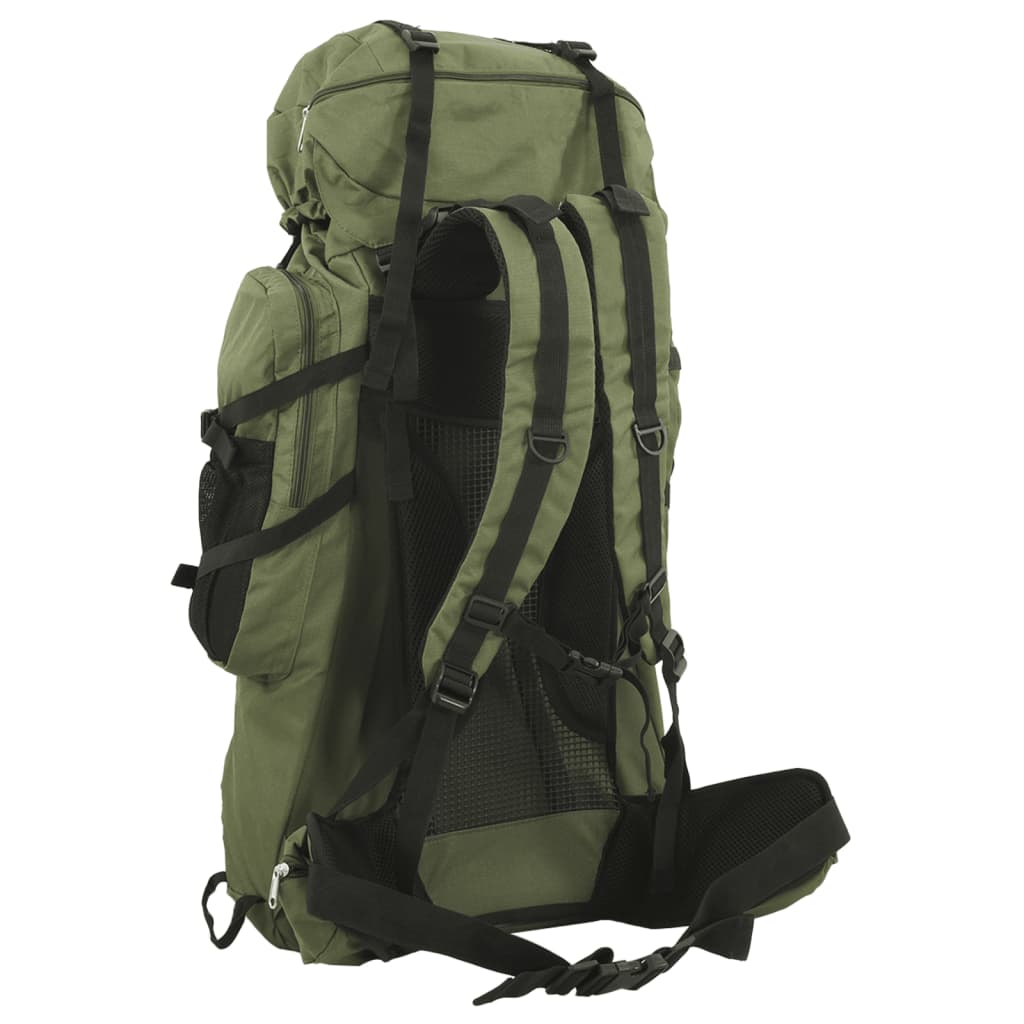 Ein grüner Rucksack mit mehreren Taschen, Riemen und einem Netzrücken. Es ist zum Wandern konzipiert.