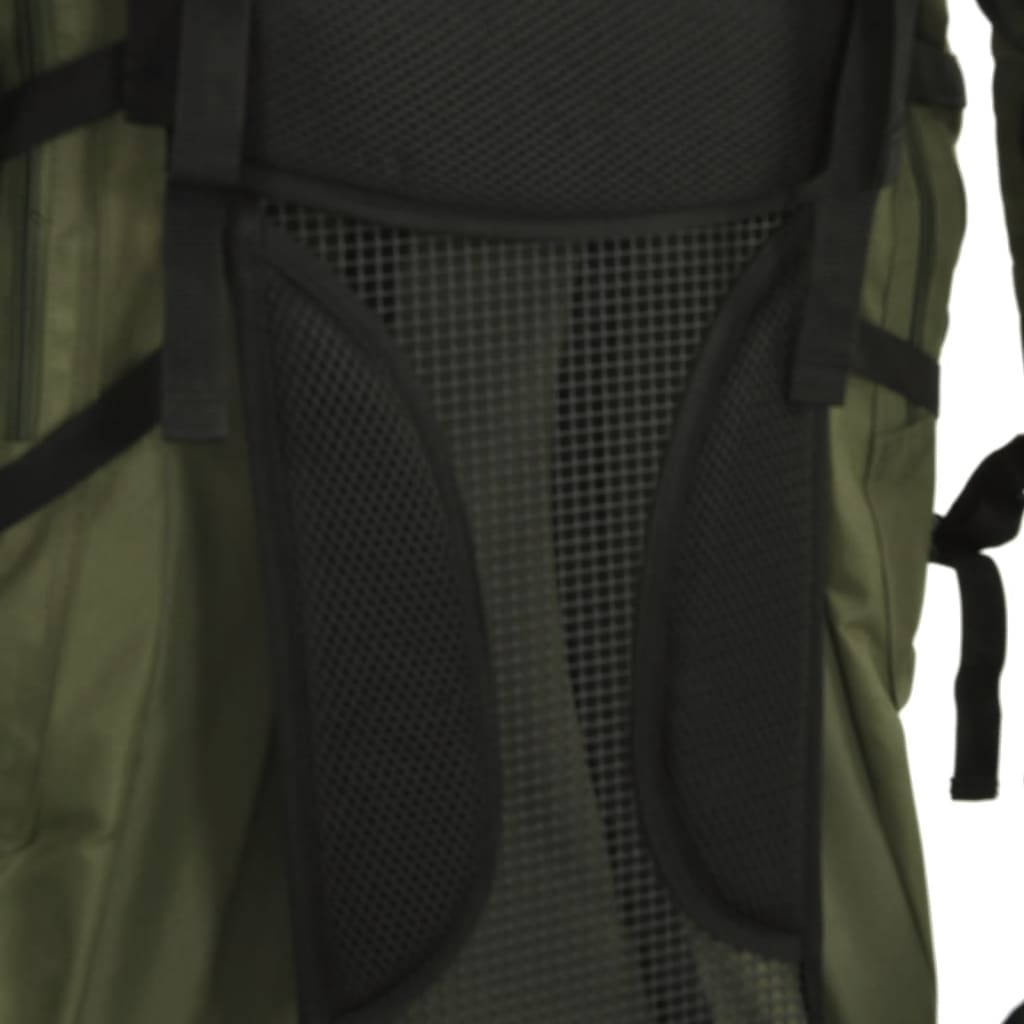 Nahaufnahme der Rückwand eines grünen Rucksacks. Merkmale: Mesh und schwarze Gurte.
