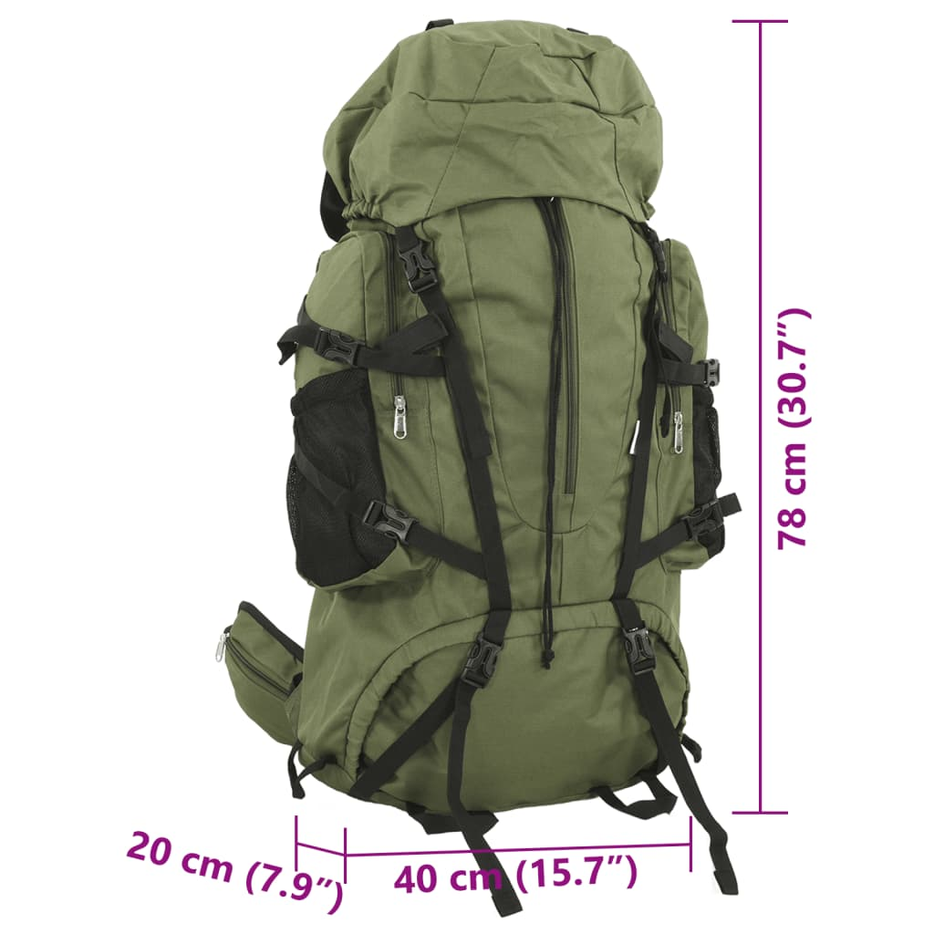 Ein grüner Rucksack mit schwarzen Trägern und Schnallen. Die Abmessungen werden in cm und Zoll angezeigt.