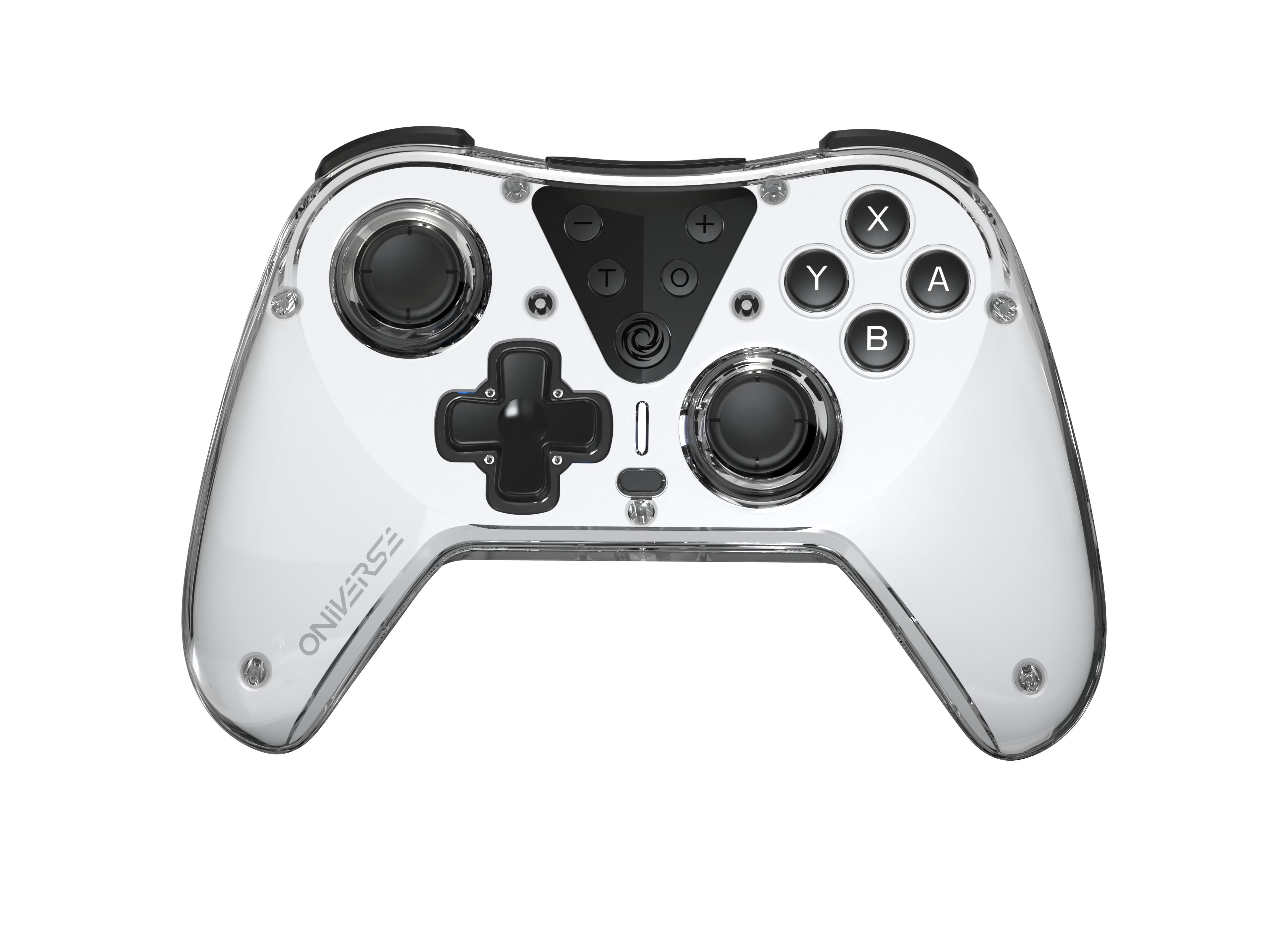 Un controller di gioco trasparente con pulsanti, joystick e un d-pad. Sfondo bianco.