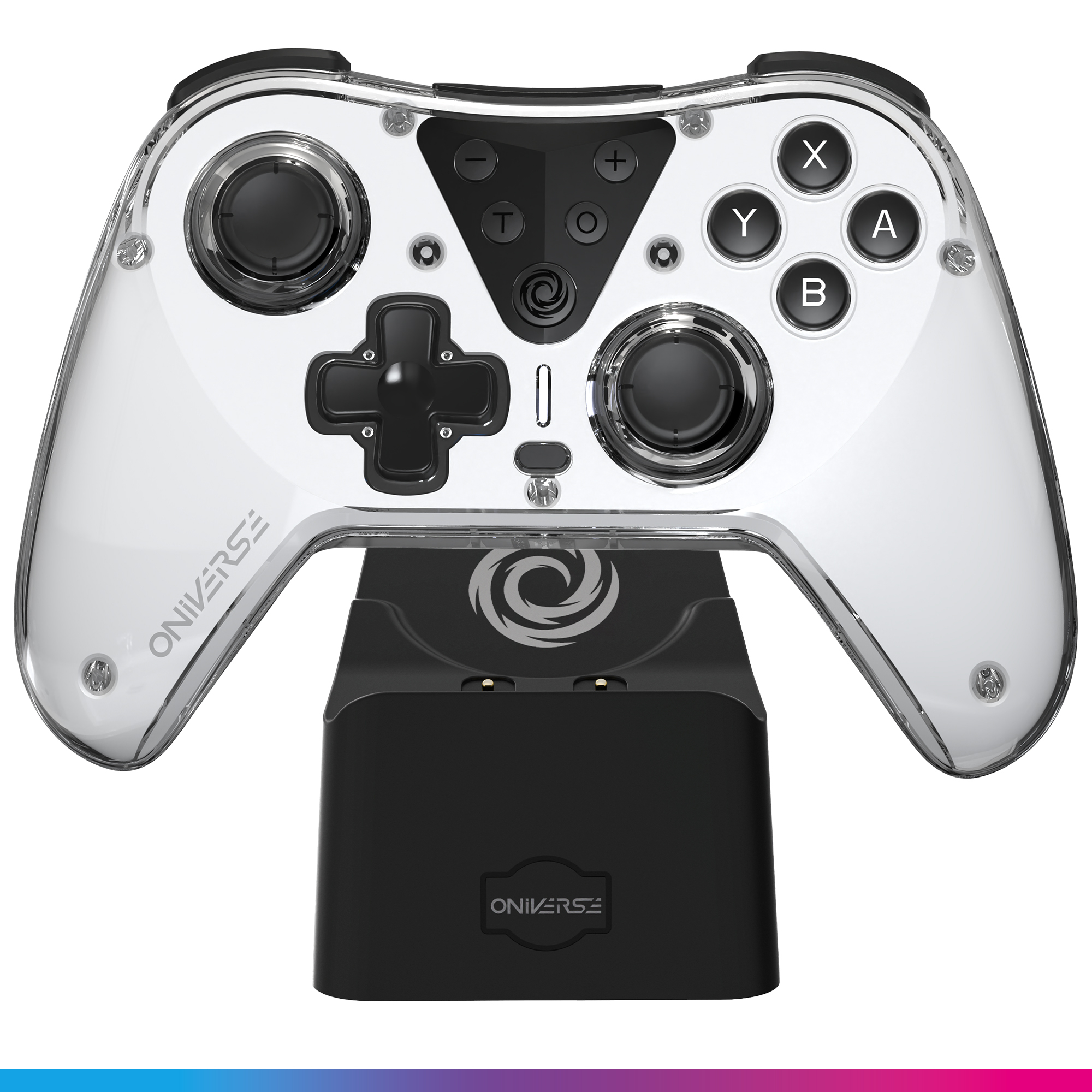 Controller di gioco bianco con lati trasparenti, base di ricarica e pulsanti etichettati X, Y, A, B.
