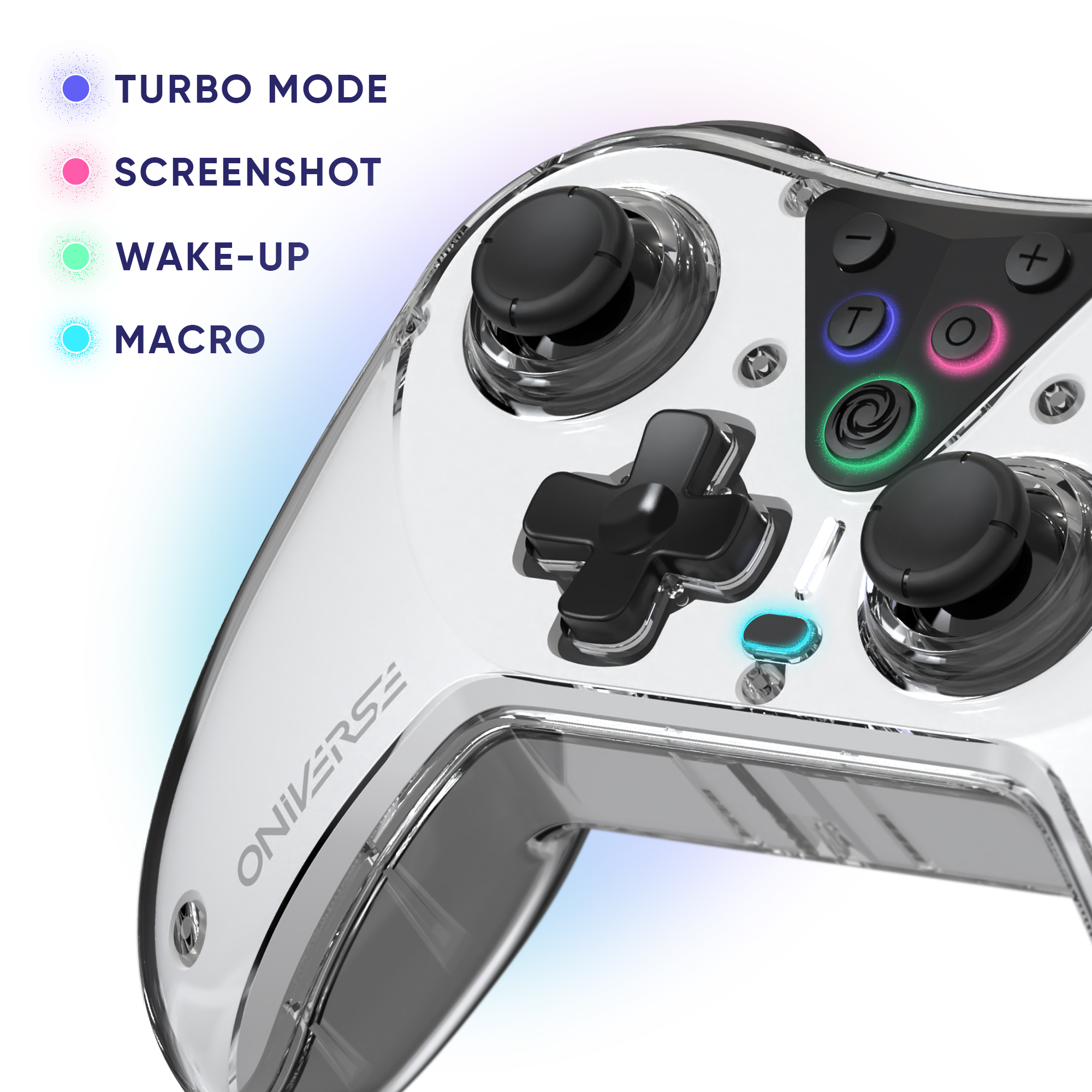 Un controller di gioco bianco, con pulsanti etichettati Turbo, Screenshot, Wake-up e Macro, è illuminato.