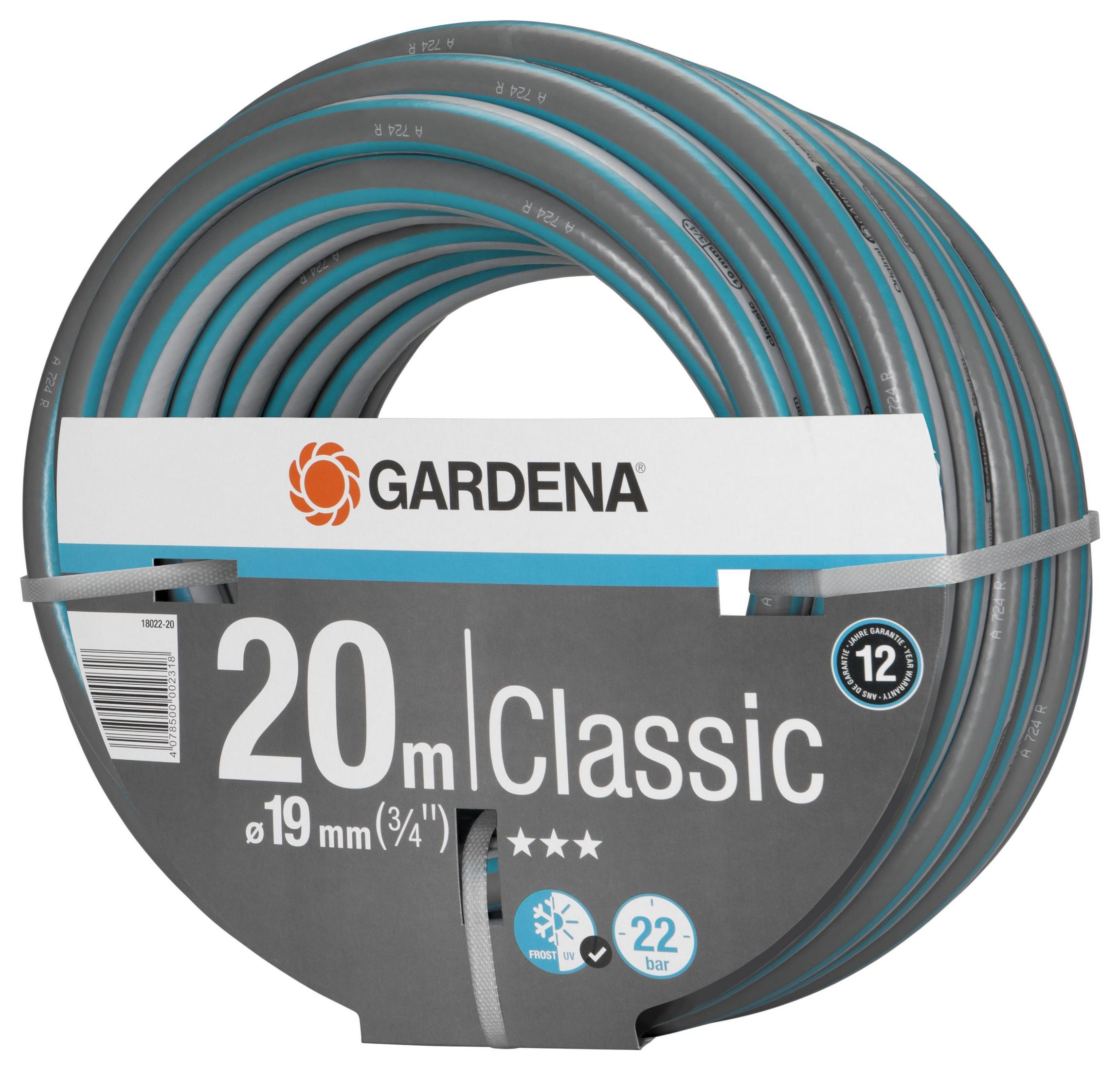 Aufgerollter grauer und blauer Gartenschlauch mit Branding, Text und Spezifikationen auf der Verpackung.