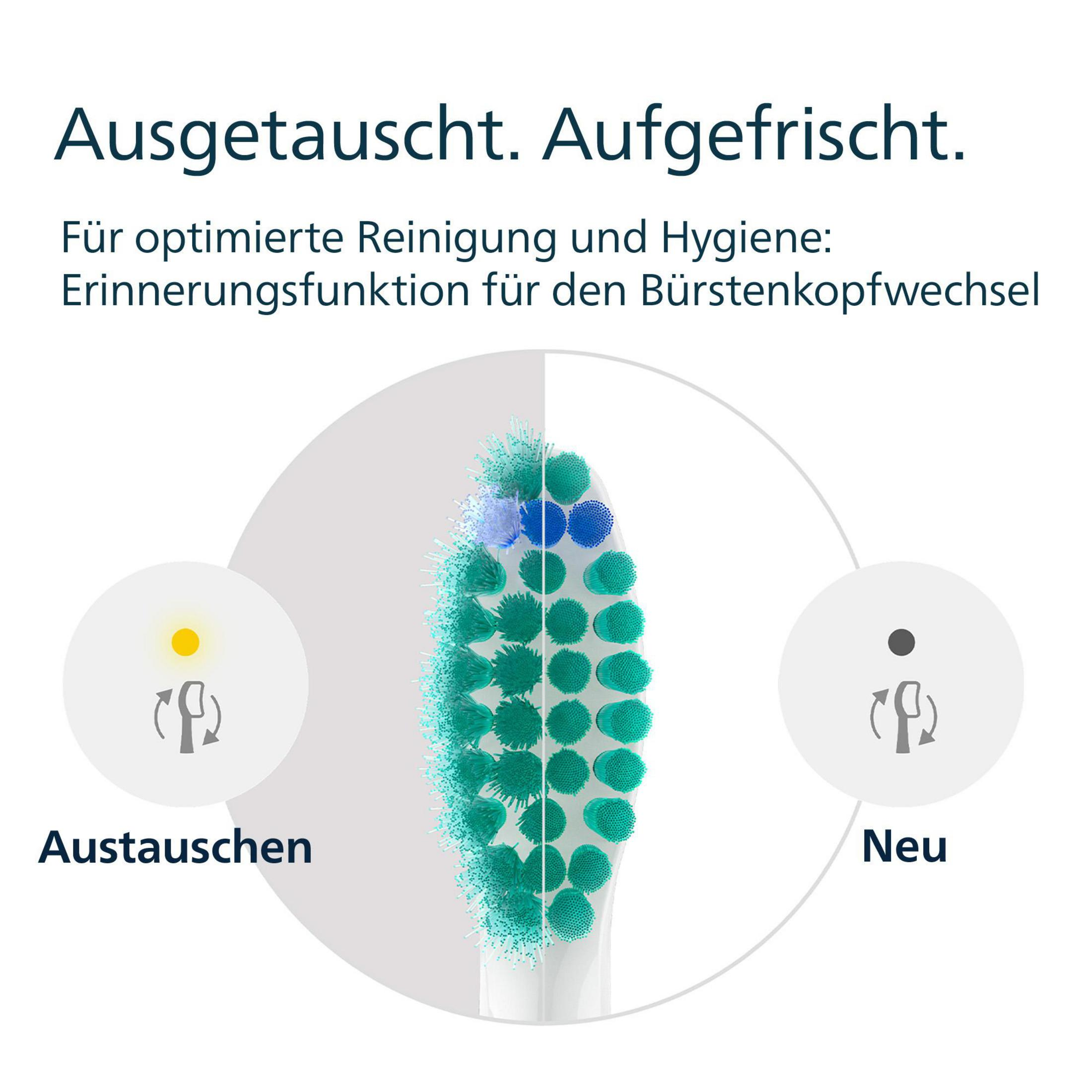 Główka szczoteczki do zębów, zużyte i nowe włosie, z tekstem w języku niemieckim.