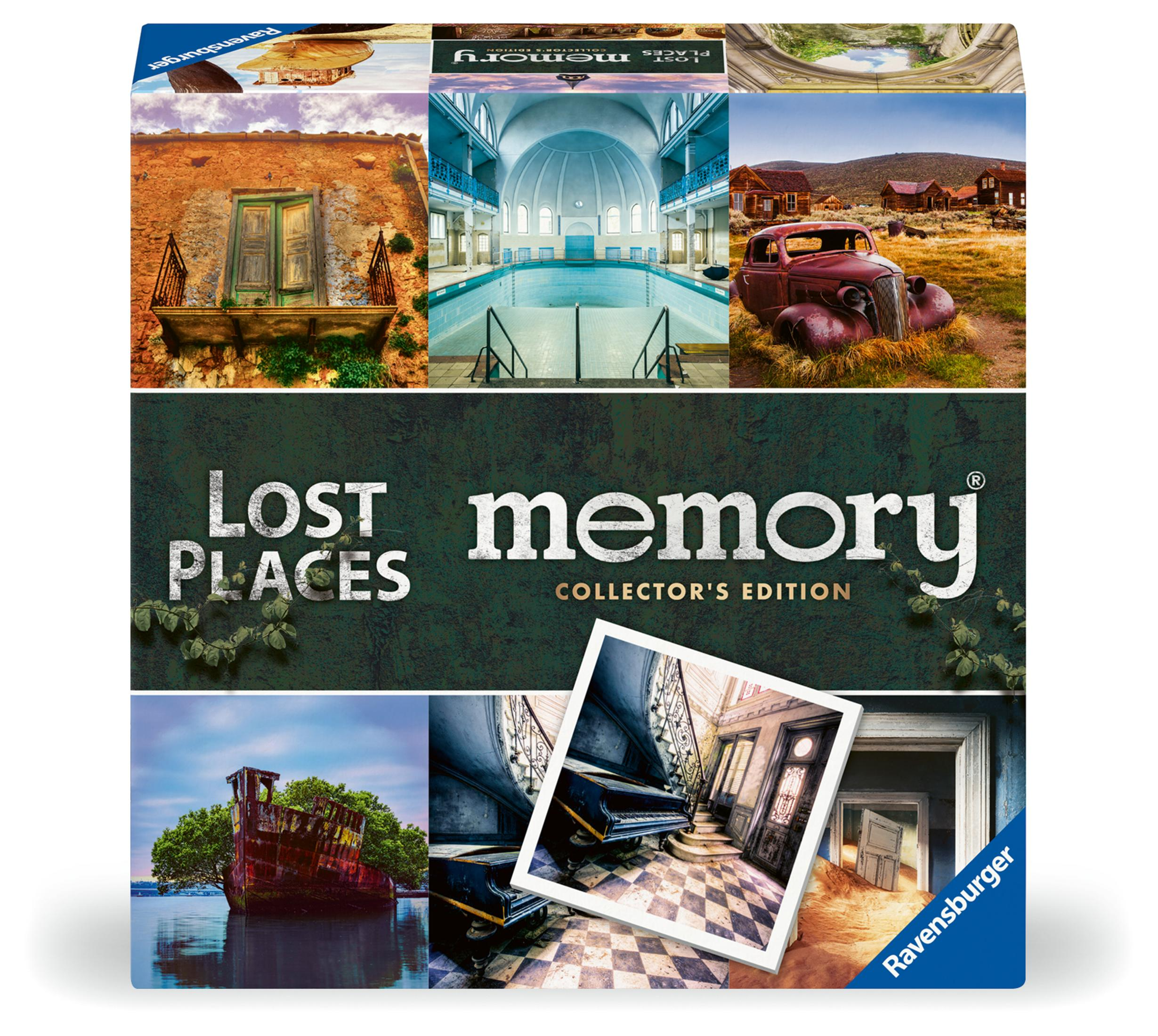 Une boîte de jeu de société avec le titre "Lost Places". Des images d'endroits sont en arrière-plan.