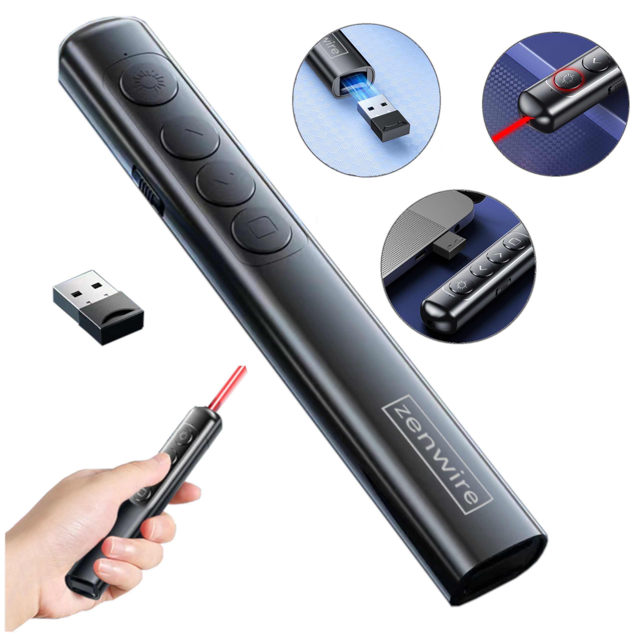 Czarny pilot do prezentacji z przyciskami i czerwonym wskaźnikiem laserowym. Zawiera USB.