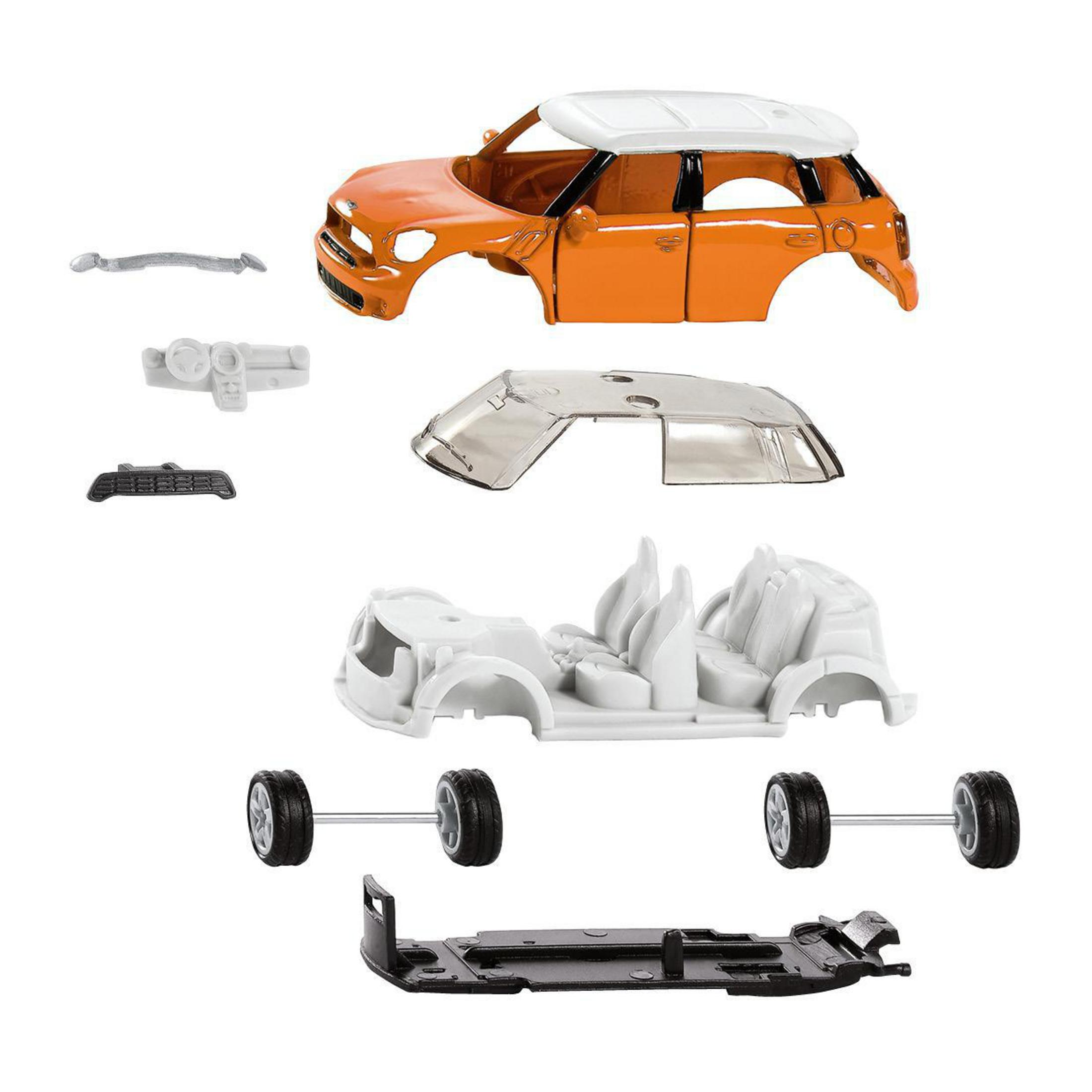 Explosionsansicht eines orangefarbenen Spielzeugautos. Teile umfassen Karosserie, Sitze, Räder und Dach.