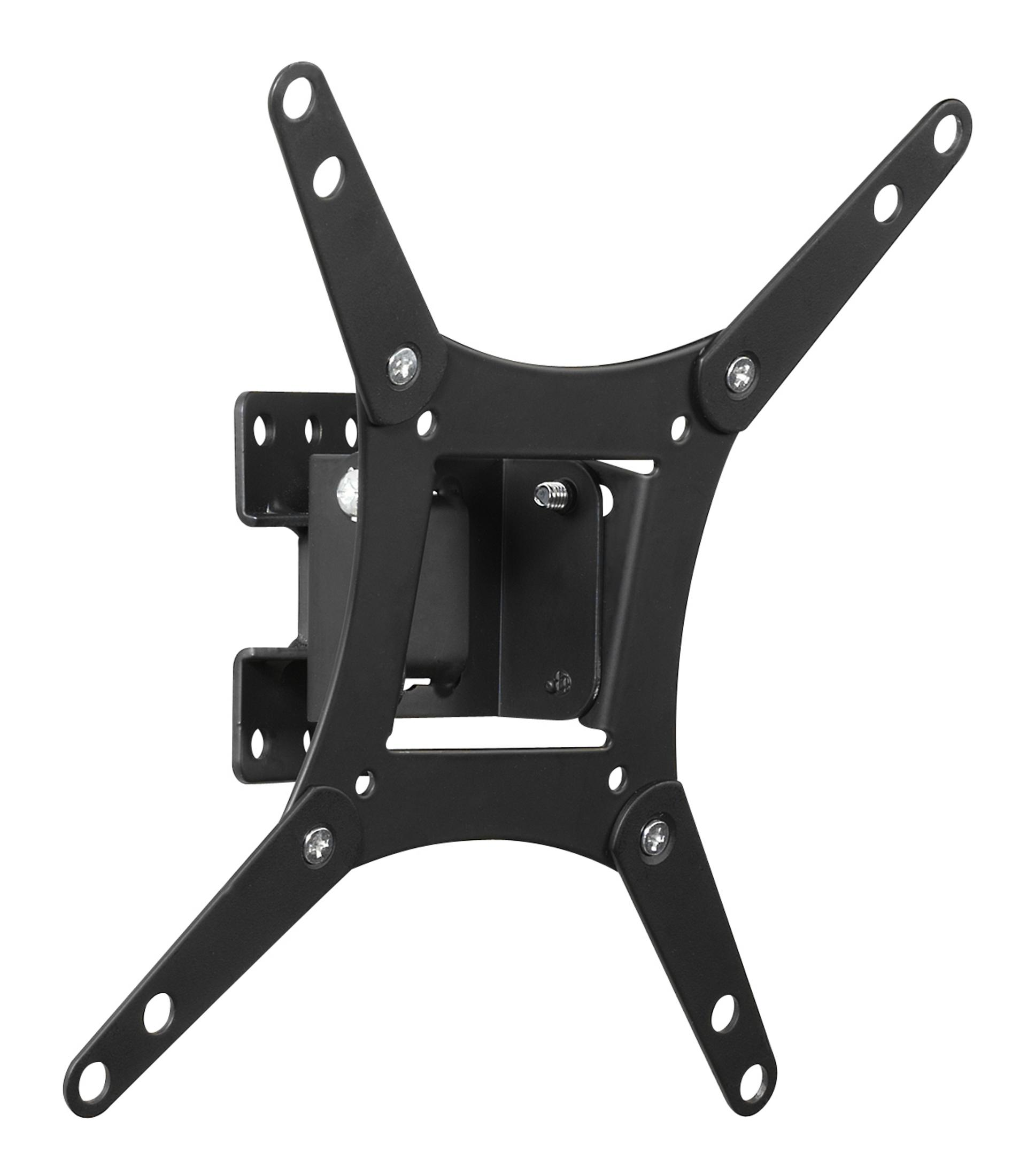 Soporte de TV negro con múltiples agujeros y brazos, diseñado para montarse en una pared.