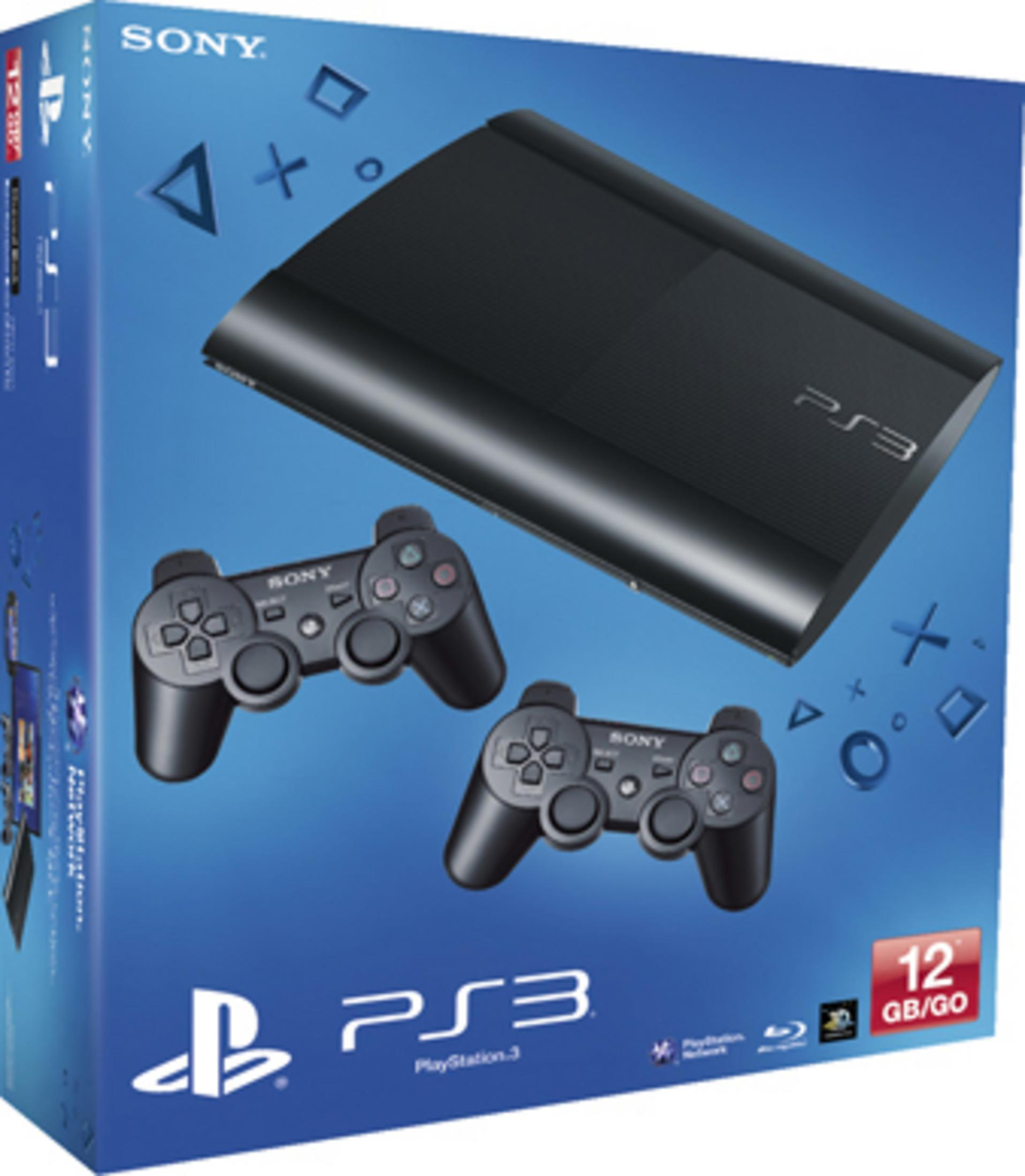 Eine PlayStation 3-Konsole mit zwei schwarzen Controllern, in einer blau-weißen Box.