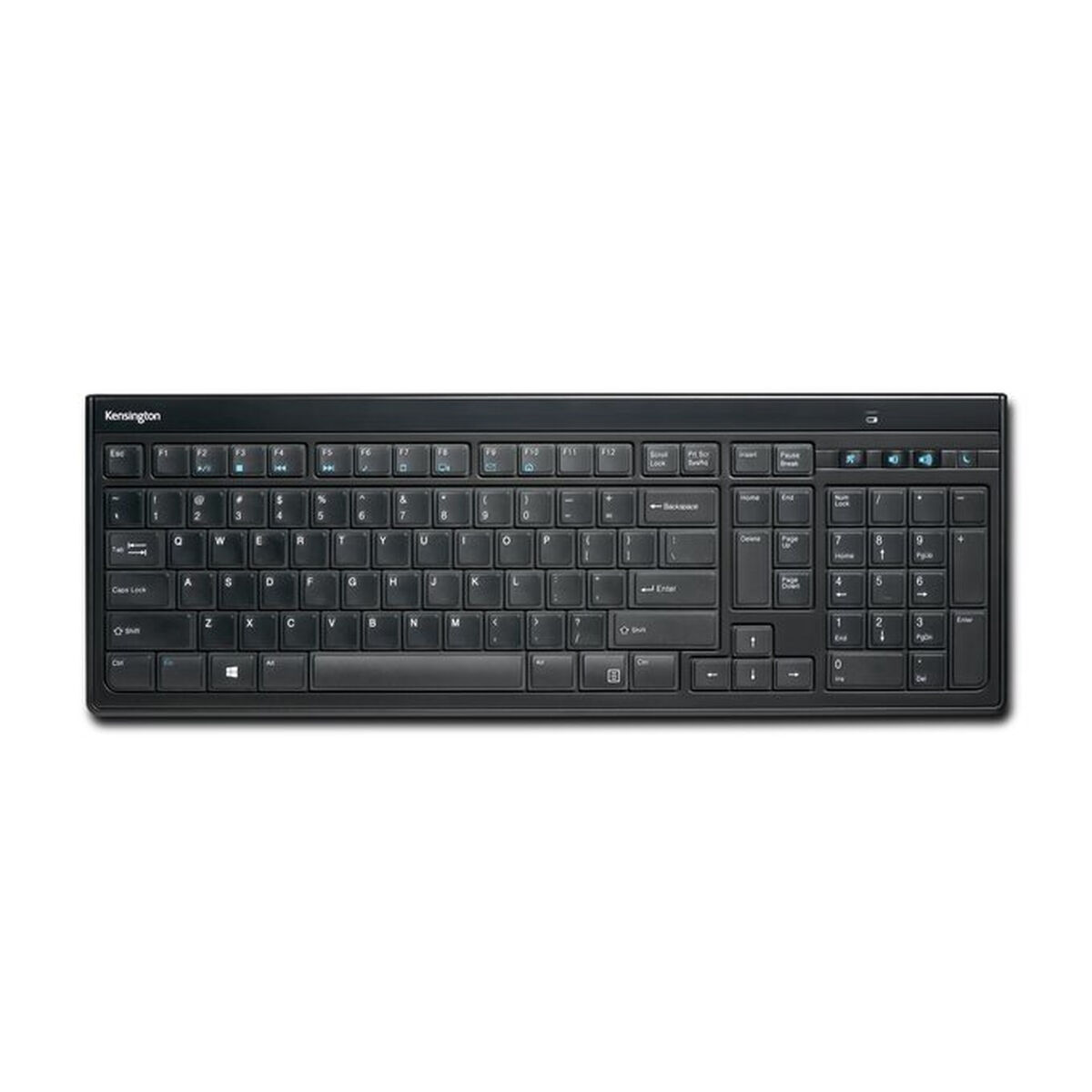 Tastiera Kensington nera. La tastiera ha un layout standard con numeri e tasti funzione.