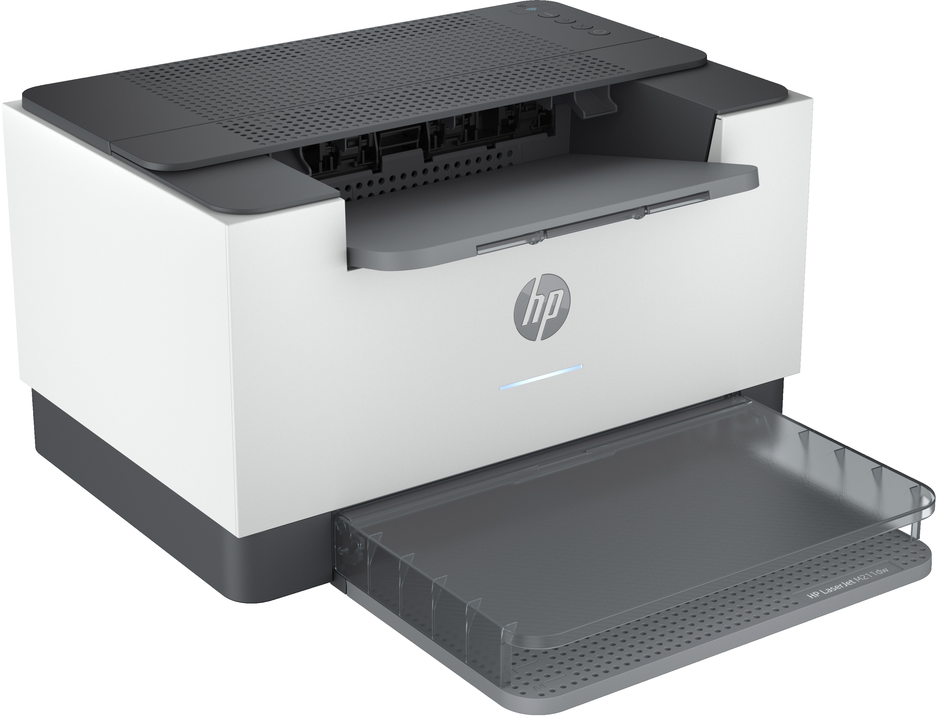 Beyaz ve gri HP lazer yazıcı. Kağıt tepsisi uzatılmış, ön tarafta HP logosu var.