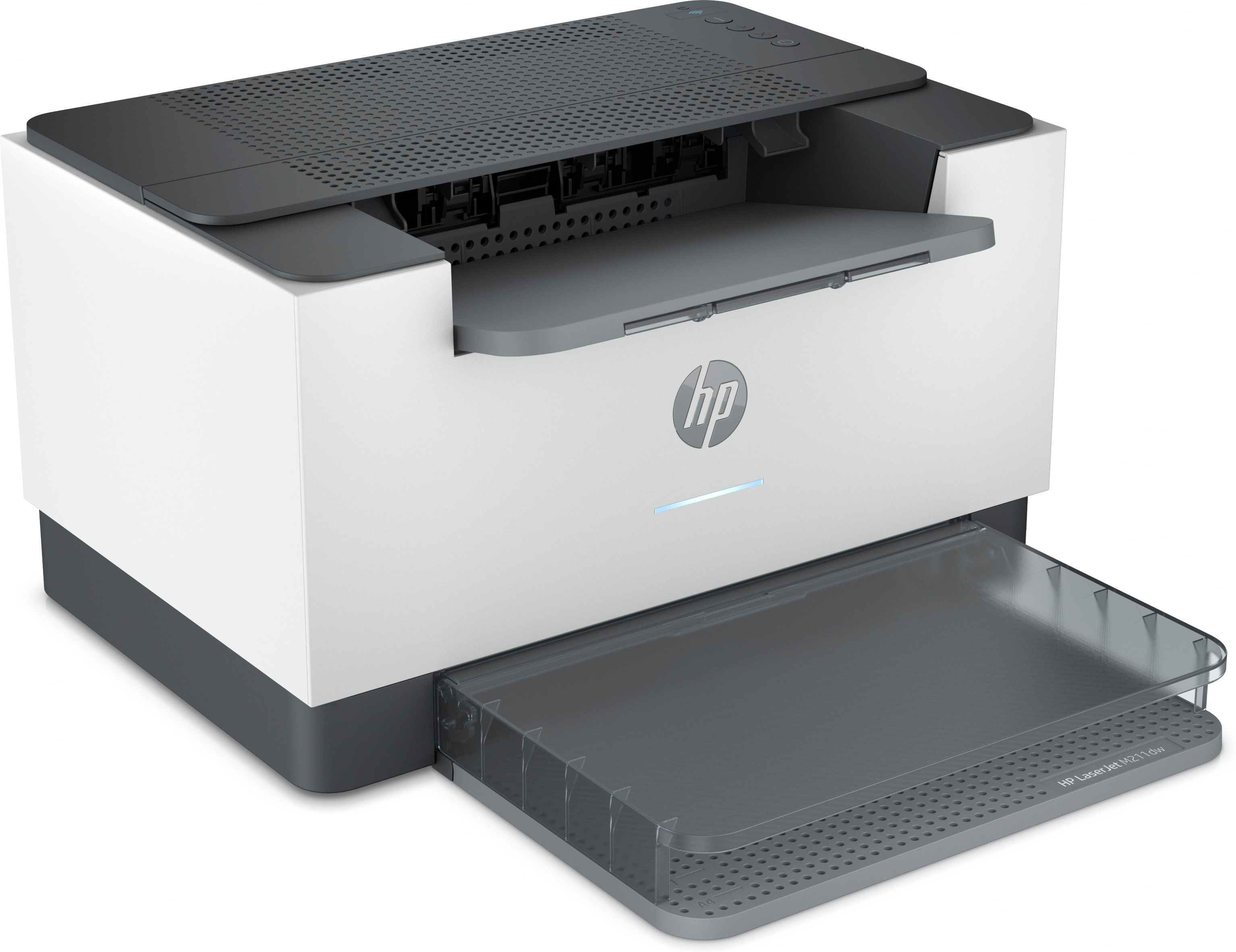 Beyaz ve gri bir HP LaserJet yazıcı, kağıt tepsisi açık.