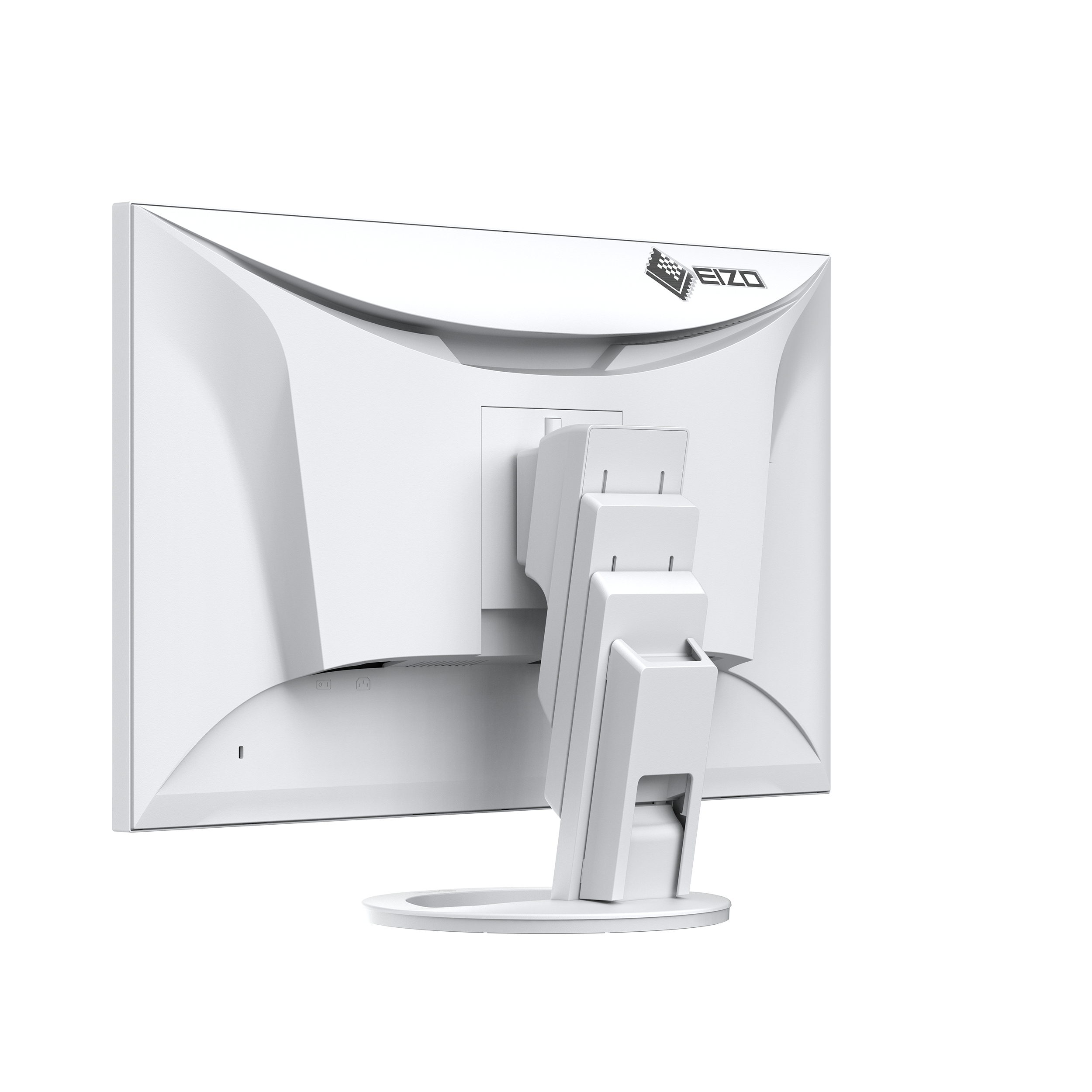 White EIZO monitor, back view. Stand and logo visible.