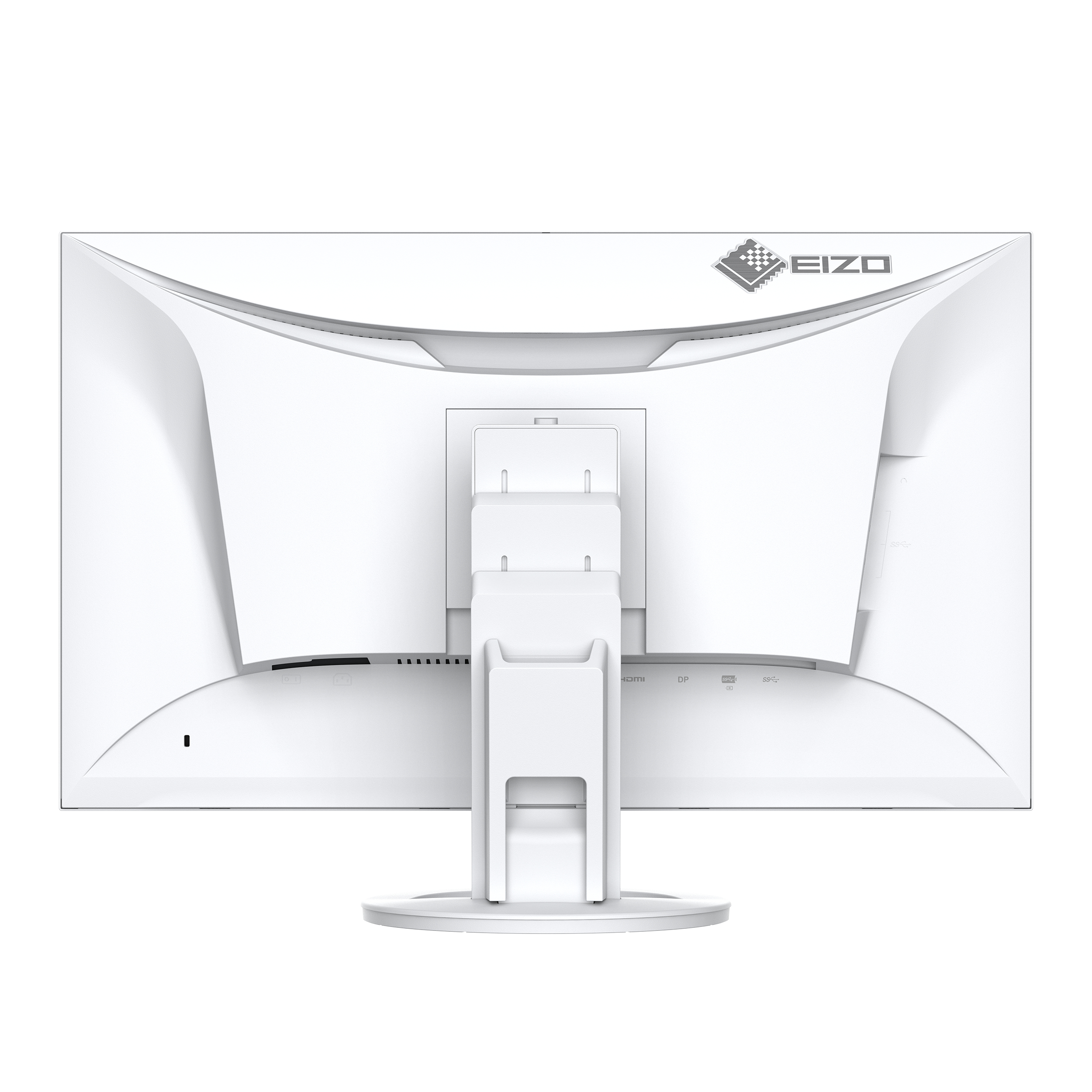 The back of a white EIZO monitor with ports and a stand, against a white backdrop.