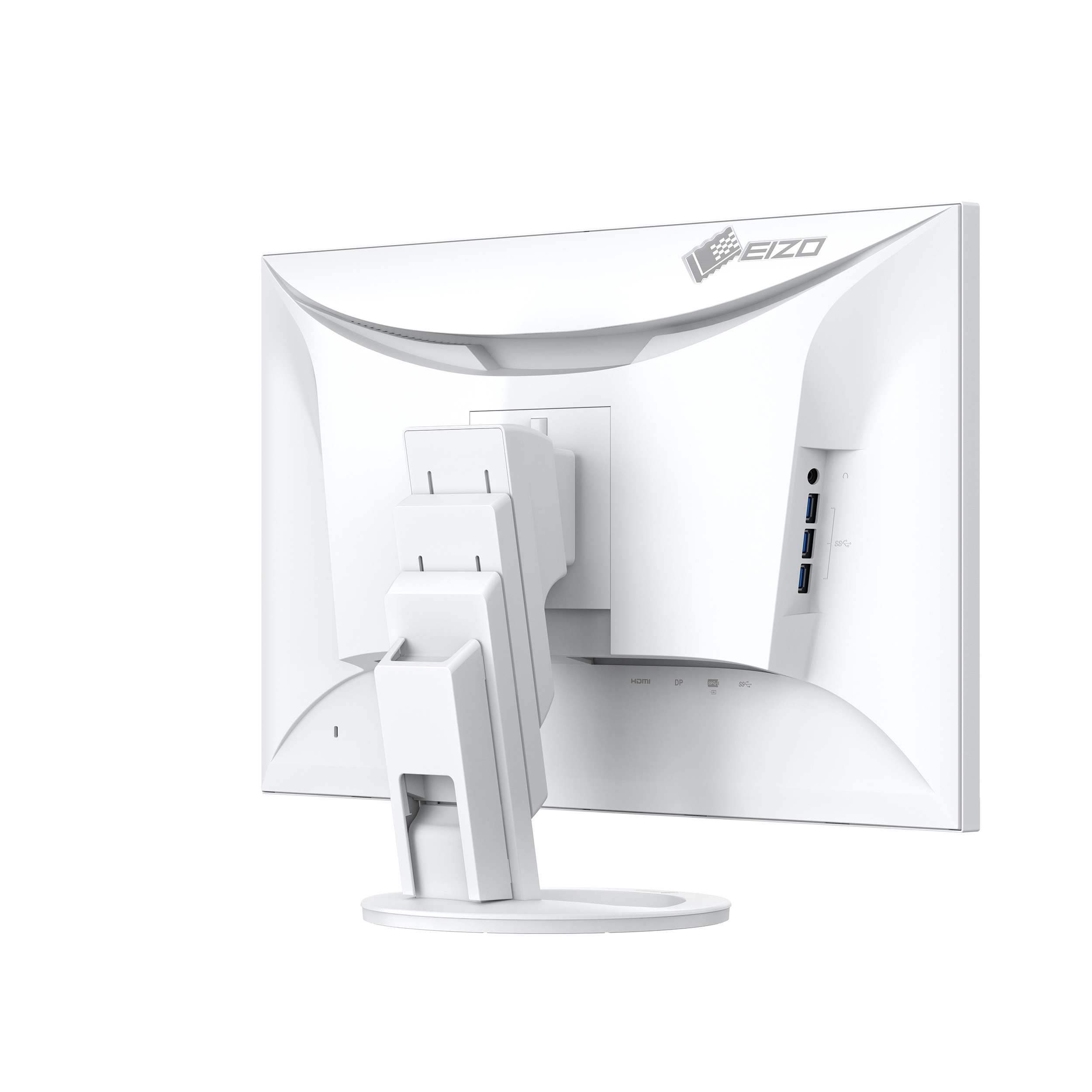 White EIZO monitor from the back. The stand has a unique design and ports for different cables.