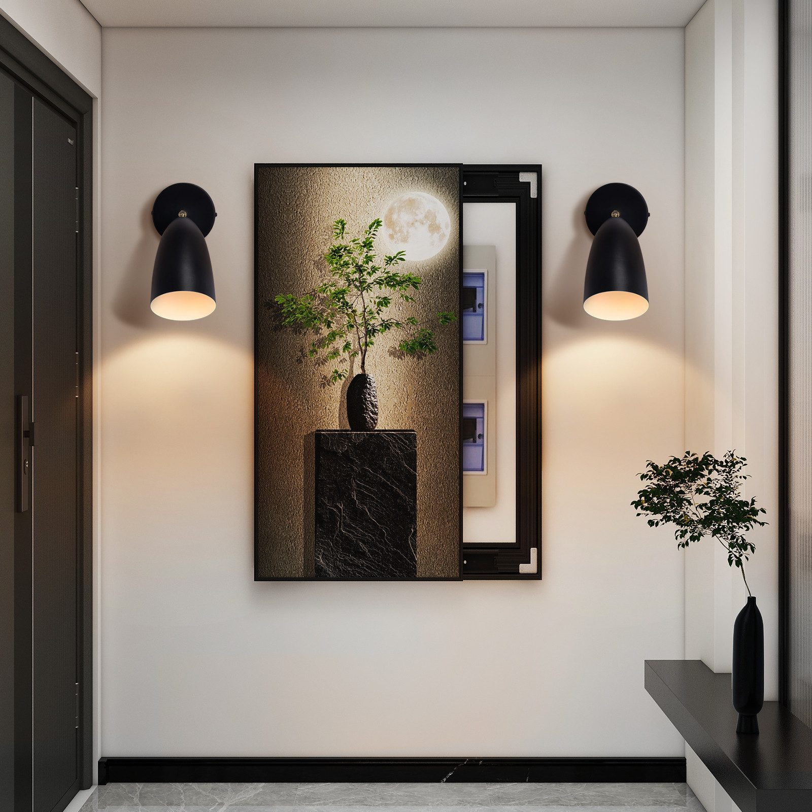 Corridoio con un quadro a parete e due lampade.