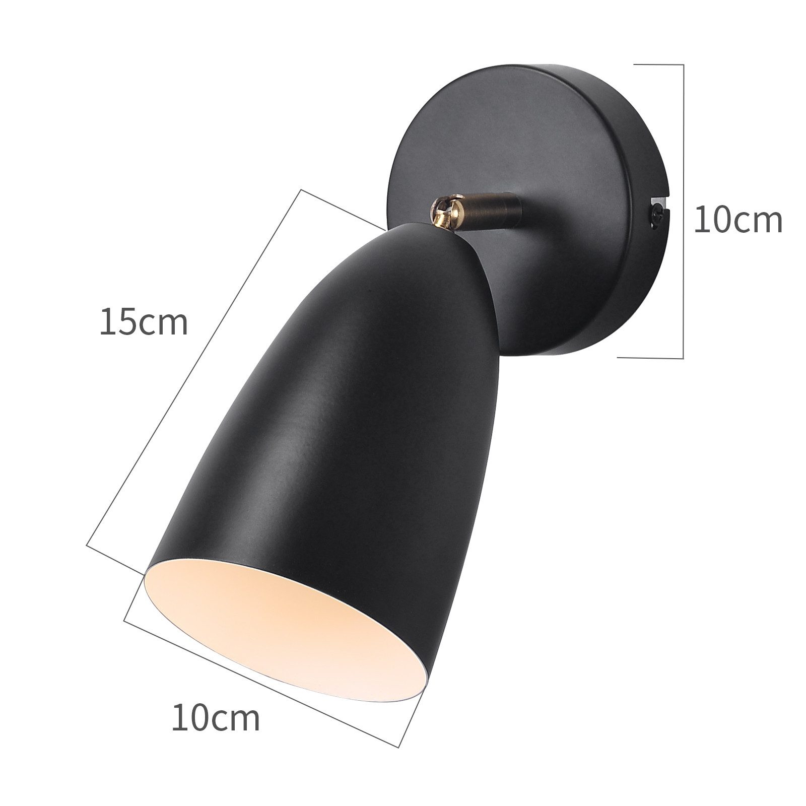 Lampada da parete nera, con dimensioni. Paralume nero angolato. Dimensioni: 15cm x 10cm x 10cm.