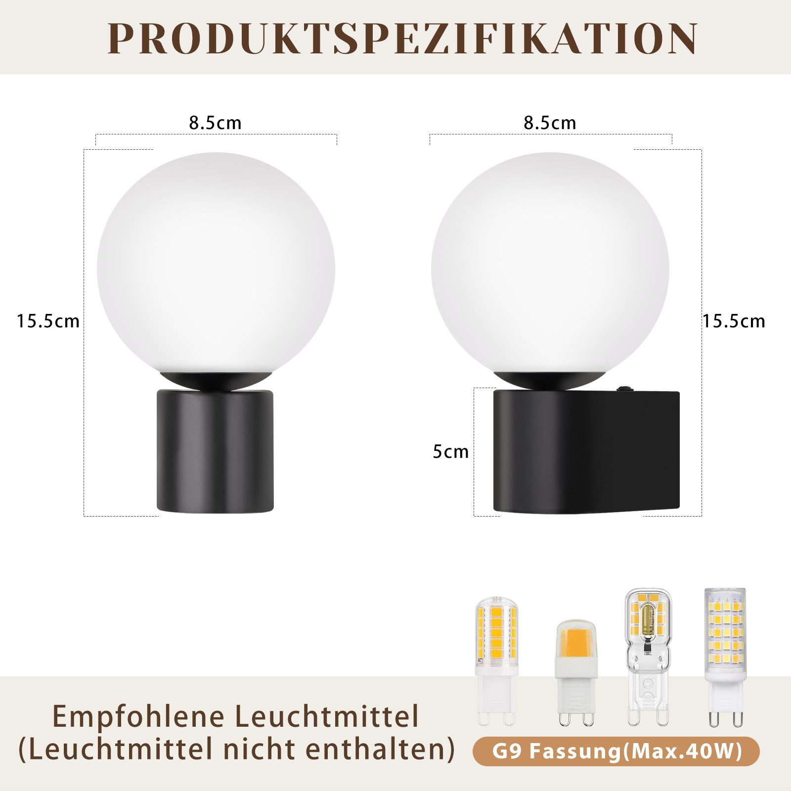 Un'immagine delle specifiche del prodotto con dimensioni e opzioni di lampadine per una lampada.