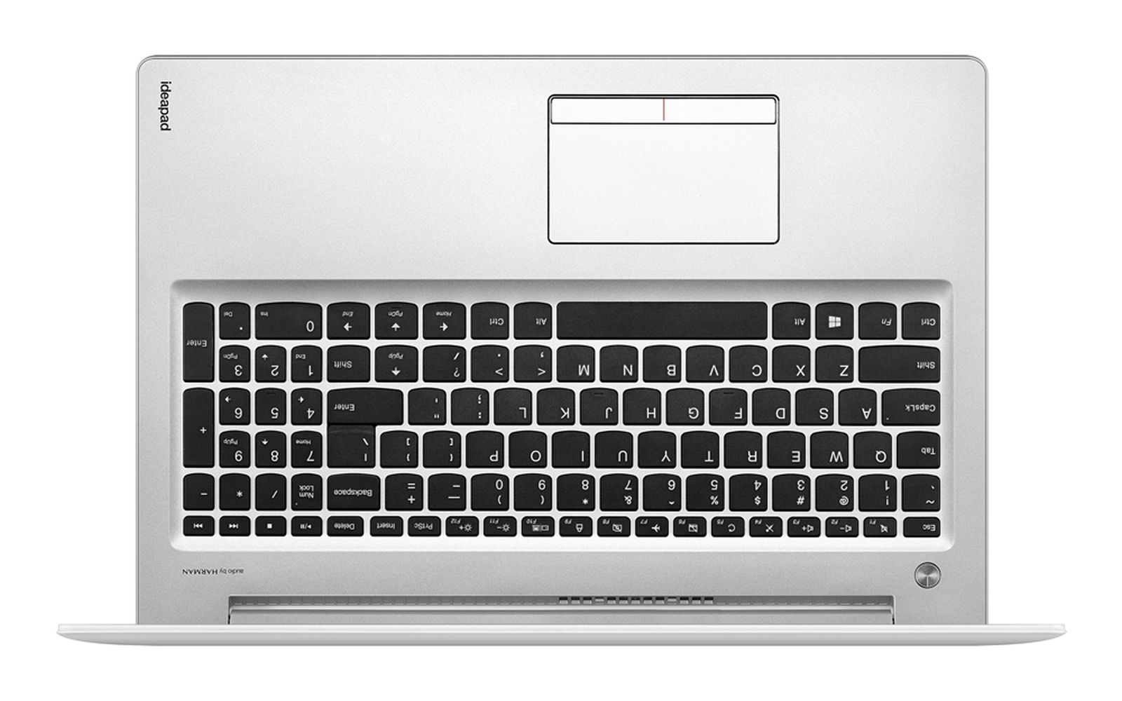 Eine Draufsicht auf einen silbernen Laptop mit schwarzer Tastatur und Touchpad.