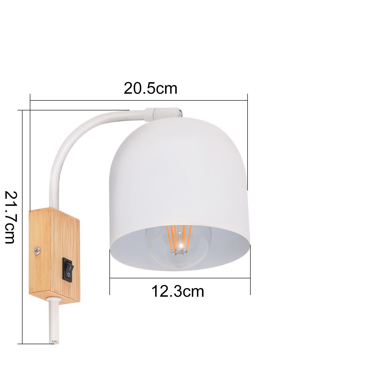 Schemat białej lampy ściennej z wymiarami: 21,7 cm wysokości, 20,5 cm szerokości, 12,3 cm średnicy.