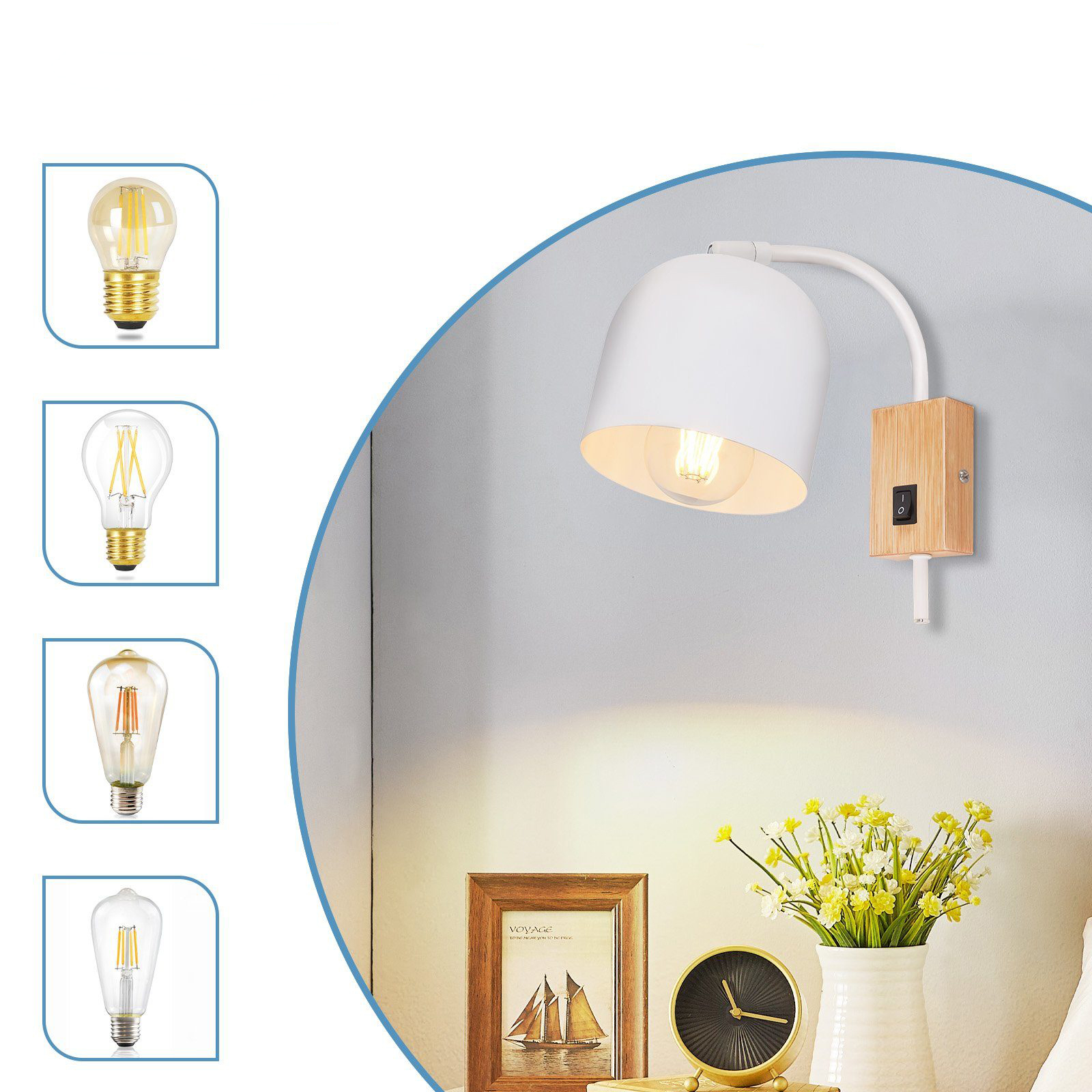 Scena wnętrza: Lampa ścienna, stolik nocny z zegarem, kwiatami i oprawionym zdjęciem.