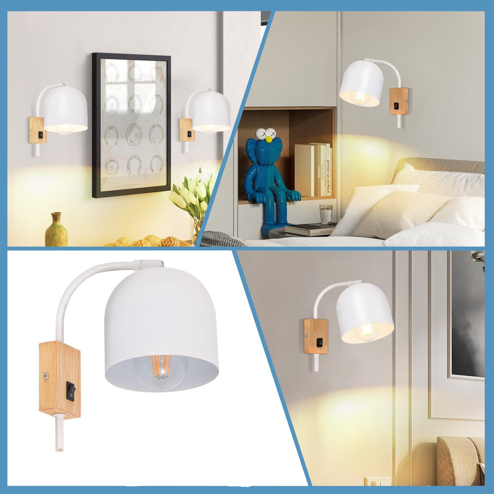 Kolaż obrazów przedstawiających białe i drewniane lampy ścienne w różnych ustawieniach.