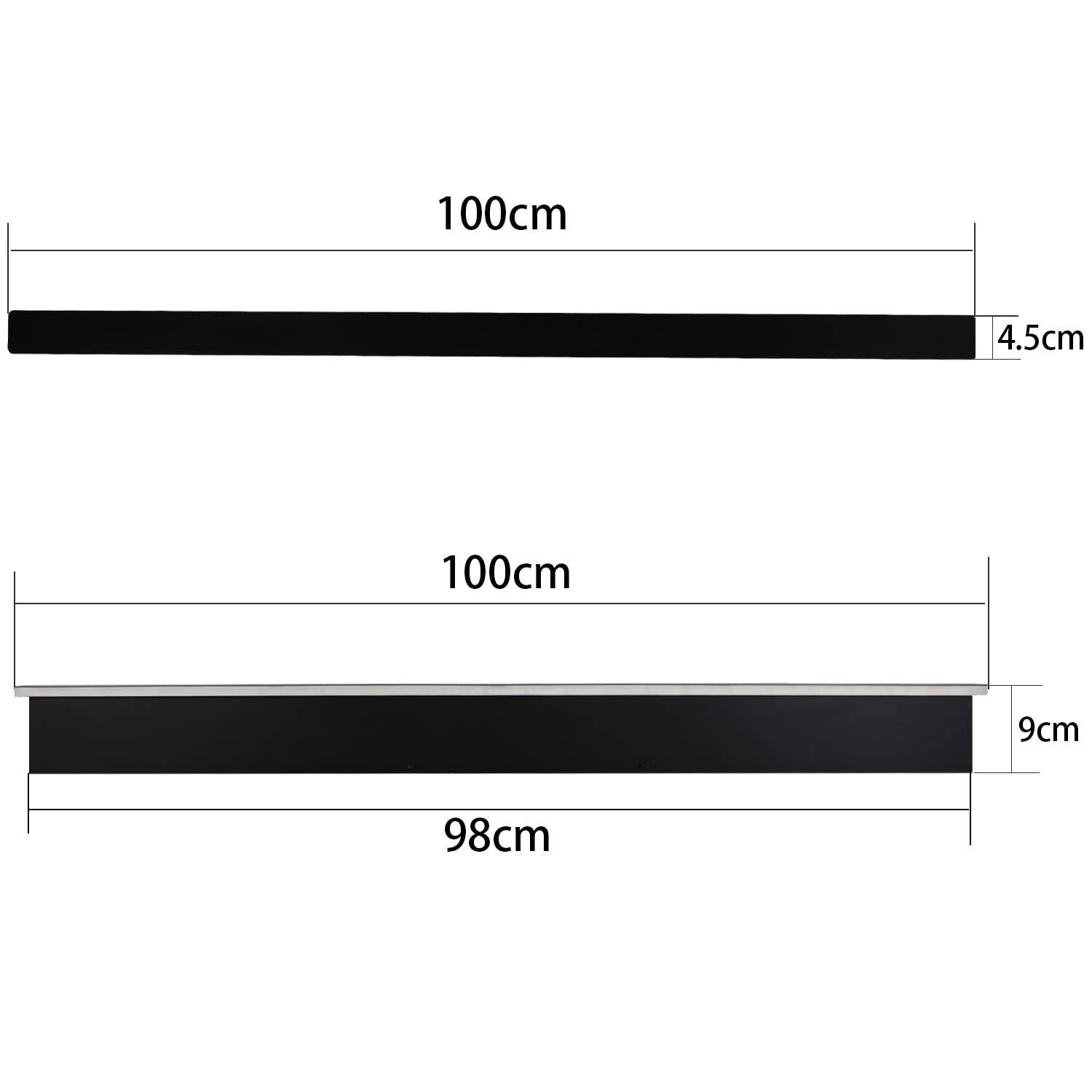Diagramma di due luci rettangolari nere, che mostra le dimensioni (100cm x 4,5cm e 98cm x 9cm).