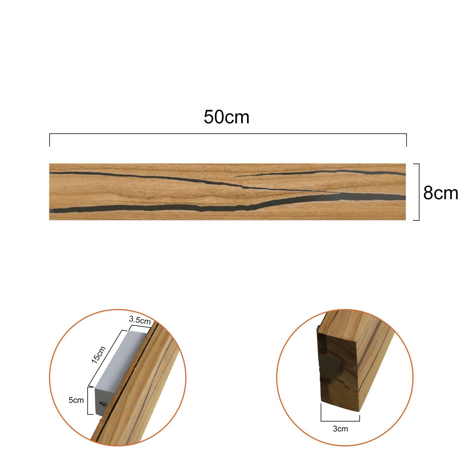 Diagrama de una lámpara de pared de madera, con dimensiones y detalles de cerca.